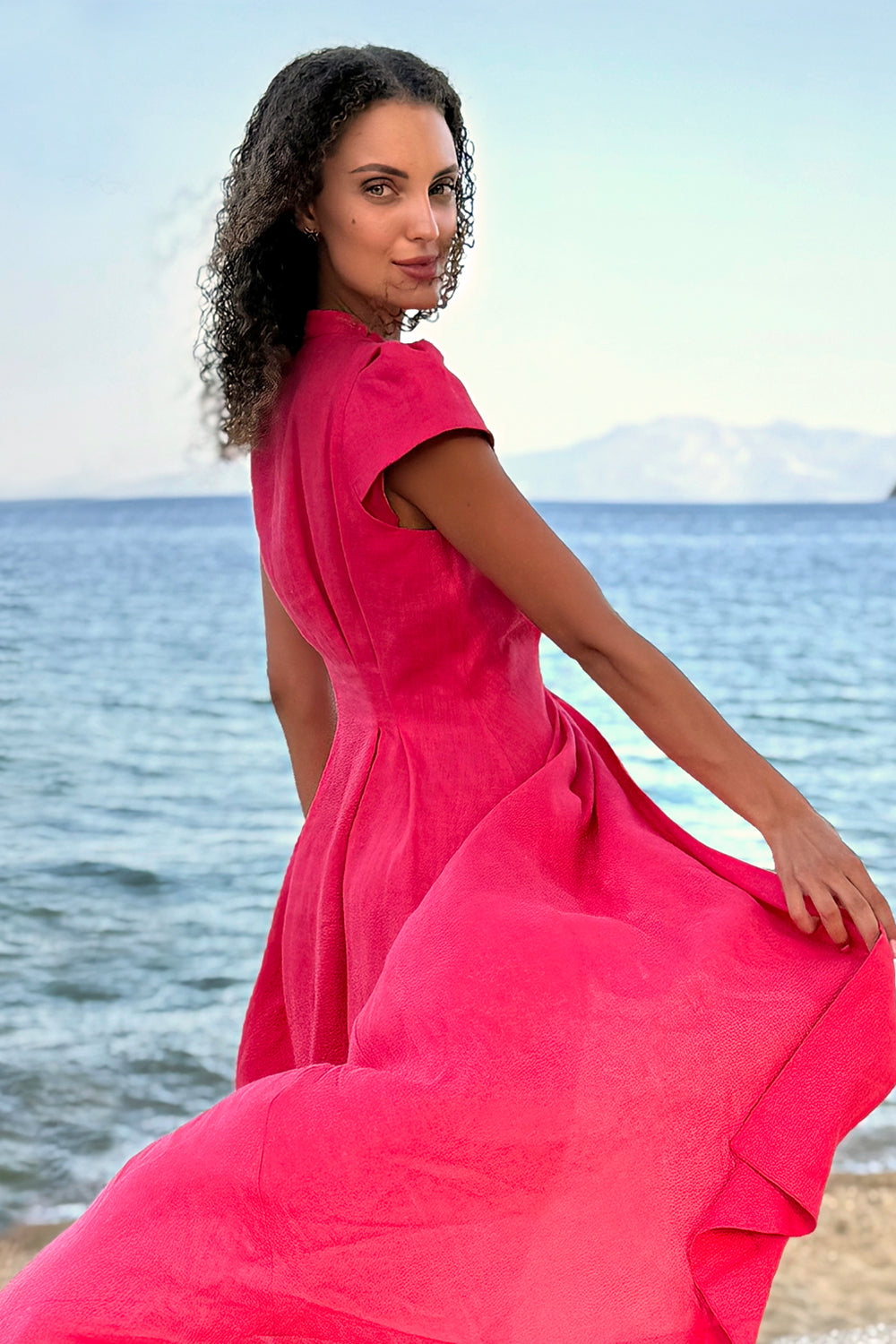 LONG FLARED LINEN DRESS IN FUCHSIA - ESSENTIALS JIORO ДЪЛГА РАЗКРОЕНА РОКЛЯ ОТ ЛЕН В ЦВЯТ ФУКСИЯ – ESSENTIALS JIORO