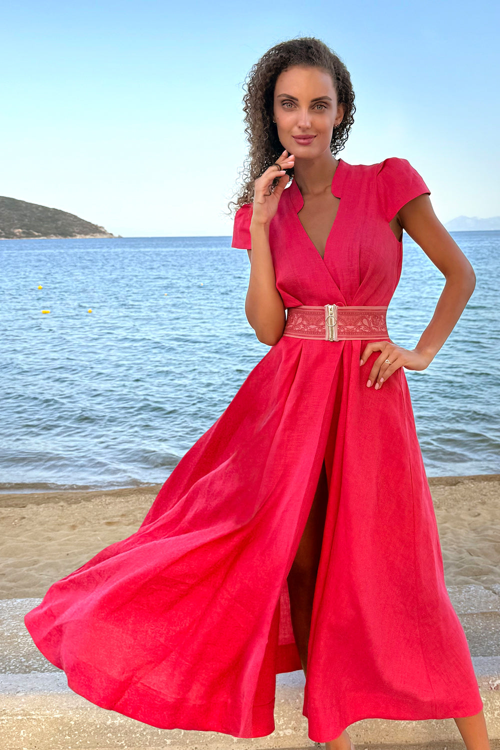 LONG FLARED LINEN DRESS IN FUCHSIA - ESSENTIALS JIORO ДЪЛГА РАЗКРОЕНА РОКЛЯ ОТ ЛЕН В ЦВЯТ ФУКСИЯ – ESSENTIALS JIORO