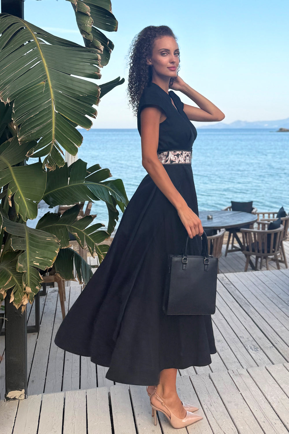 LONG FLARED LINEN DRESS IN BLACK - ESSENTIALS