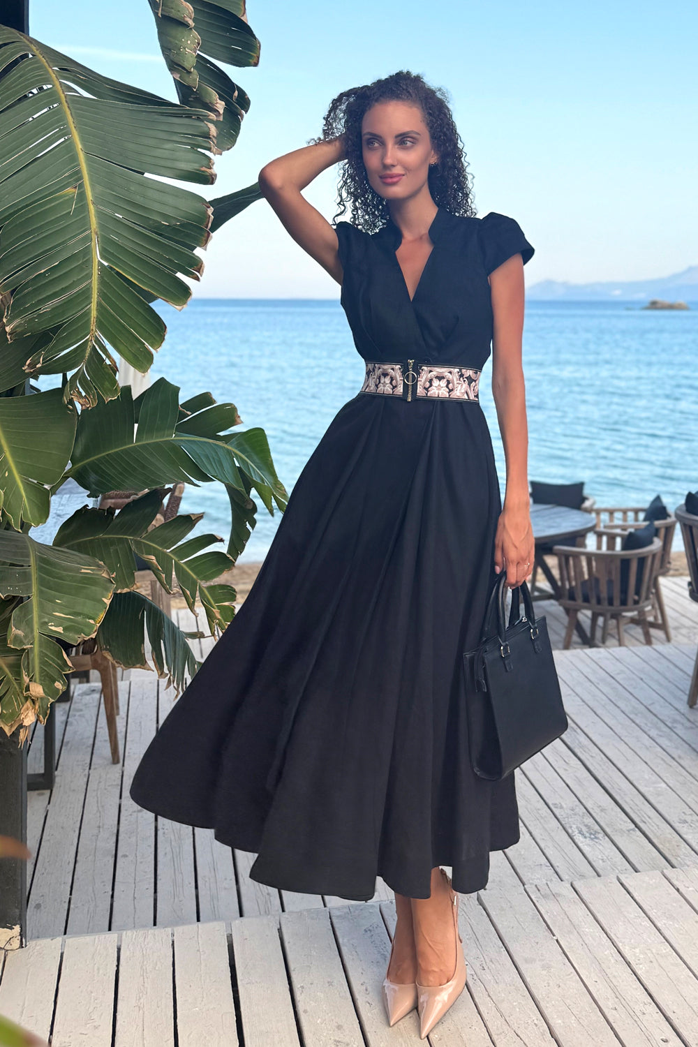 LONG FLARED LINEN DRESS IN BLACK - ESSENTIALS