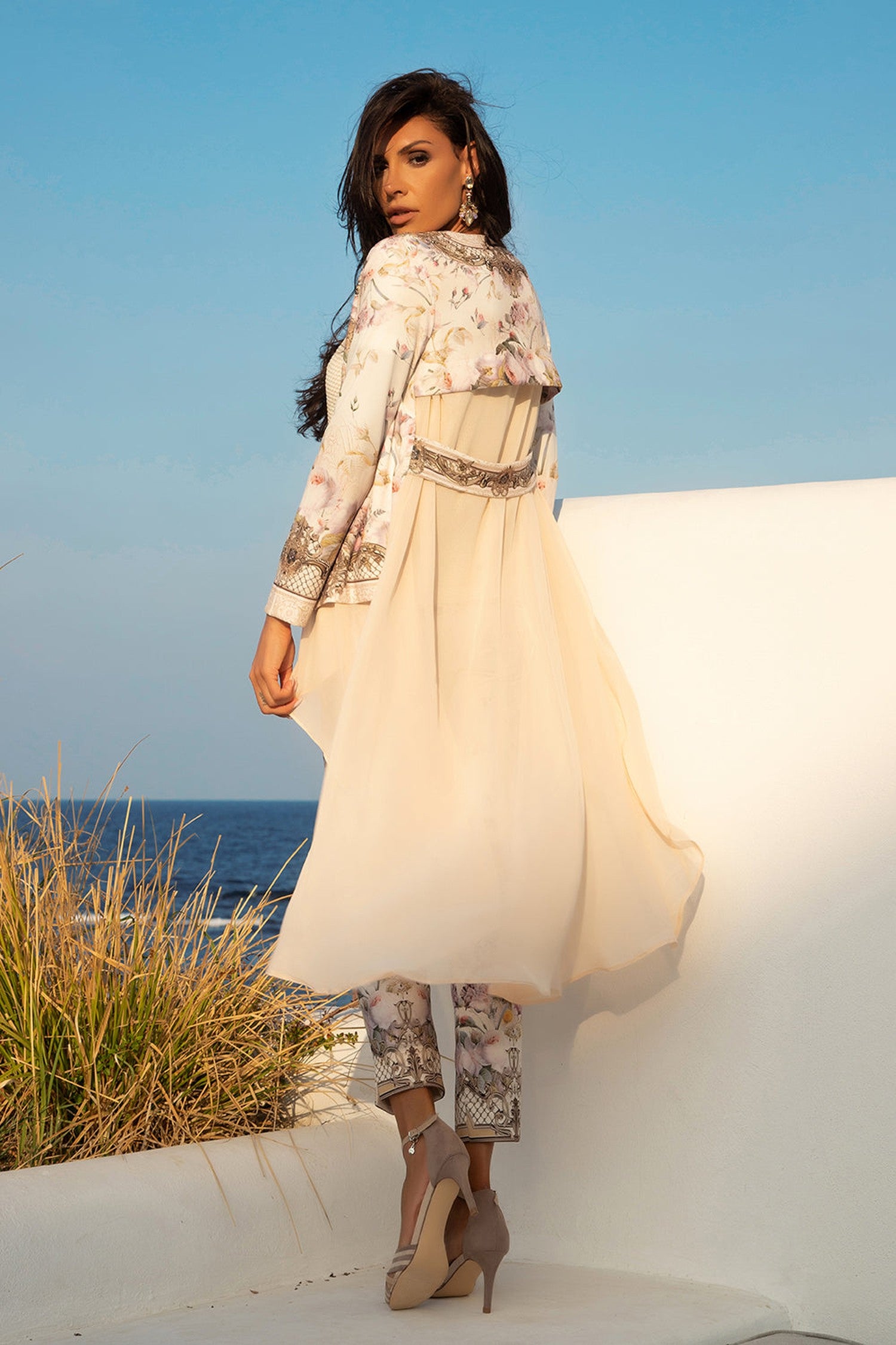 ELEGANT PRINTED CARDIGAN WITH CHIFFON BACK - BAROQUE FLOWERS