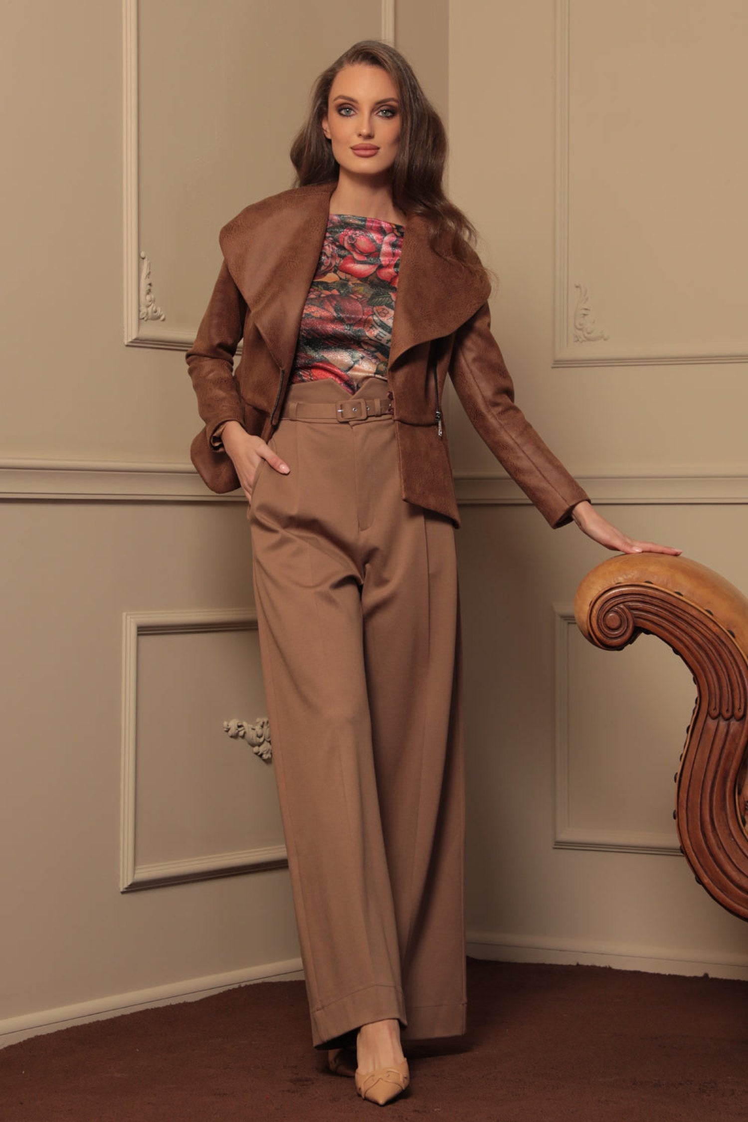 SUEDE-LOOK BLAZER WITH ASYMMETRICAL CLOSURE  IN BROWN- ESSENTIALS