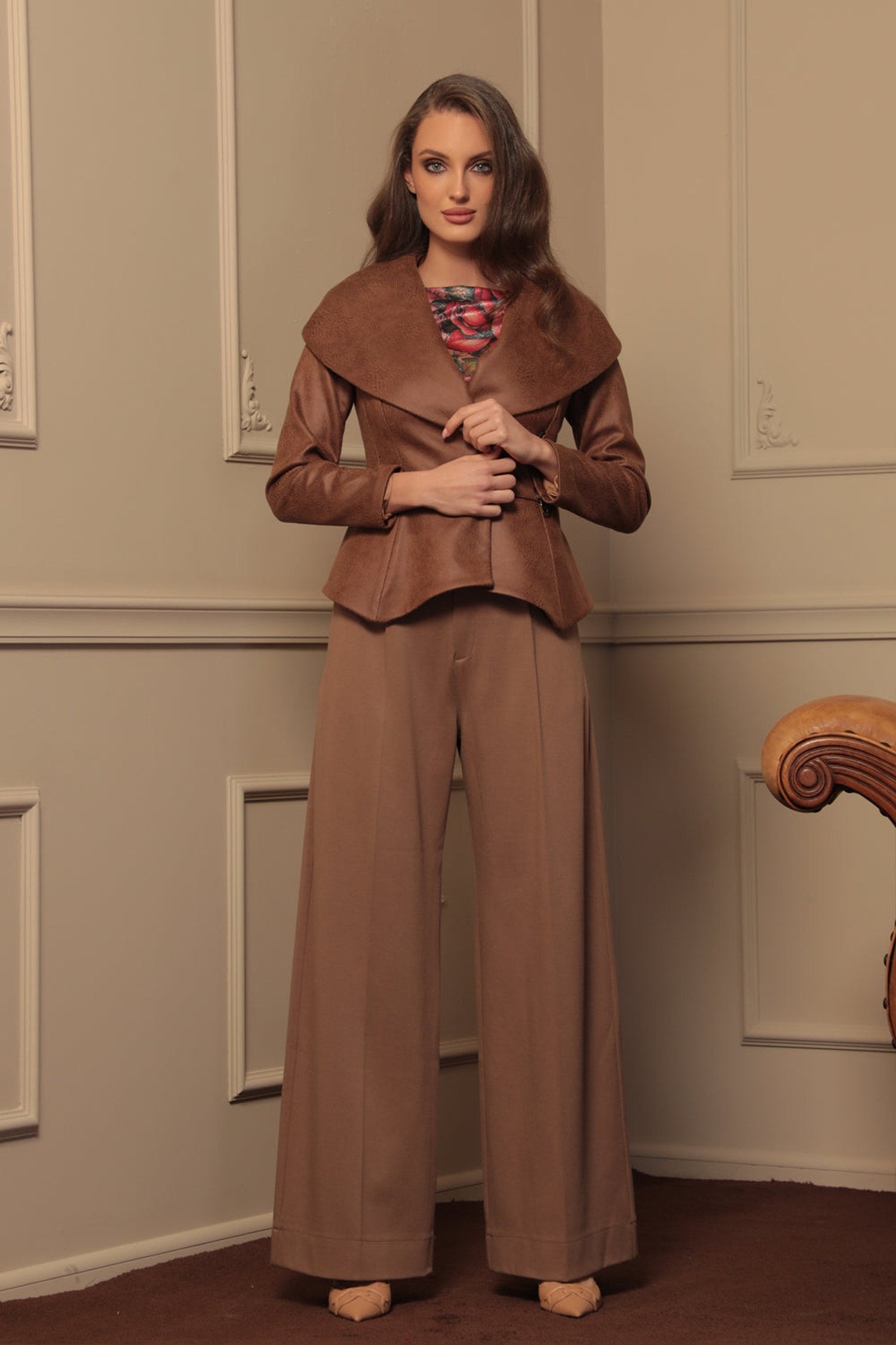 SUEDE-LOOK BLAZER WITH ASYMMETRICAL CLOSURE  IN BROWN- ESSENTIALS
