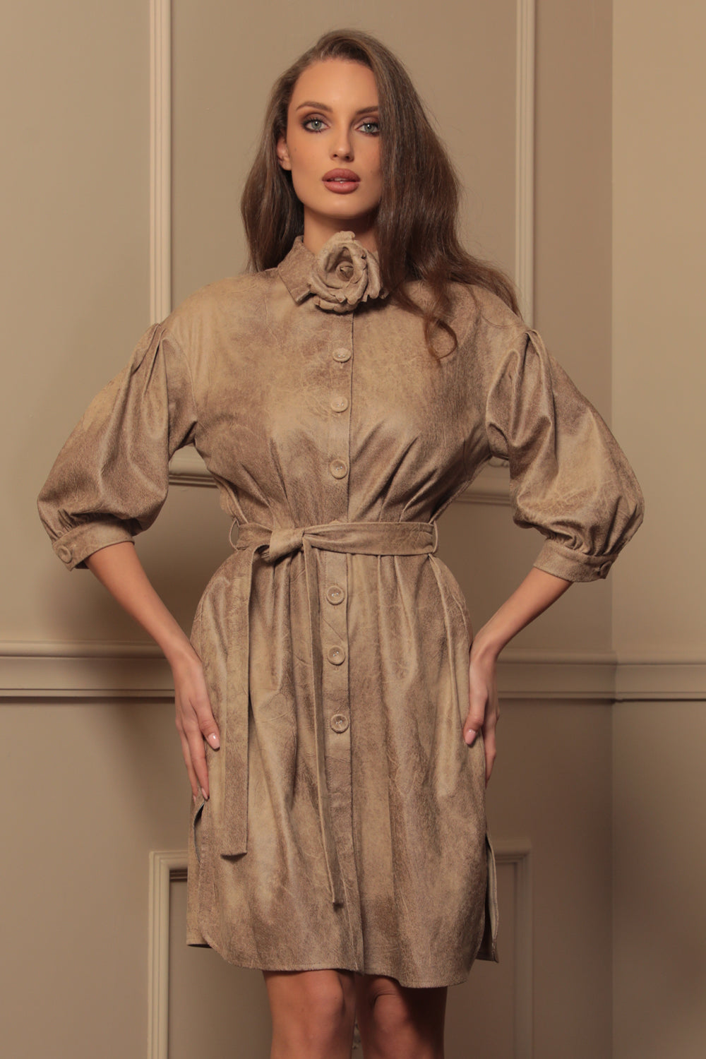 SUEDE-LOOK SHIRT DRESS IN CAPPUCINO - ESSENTIALS