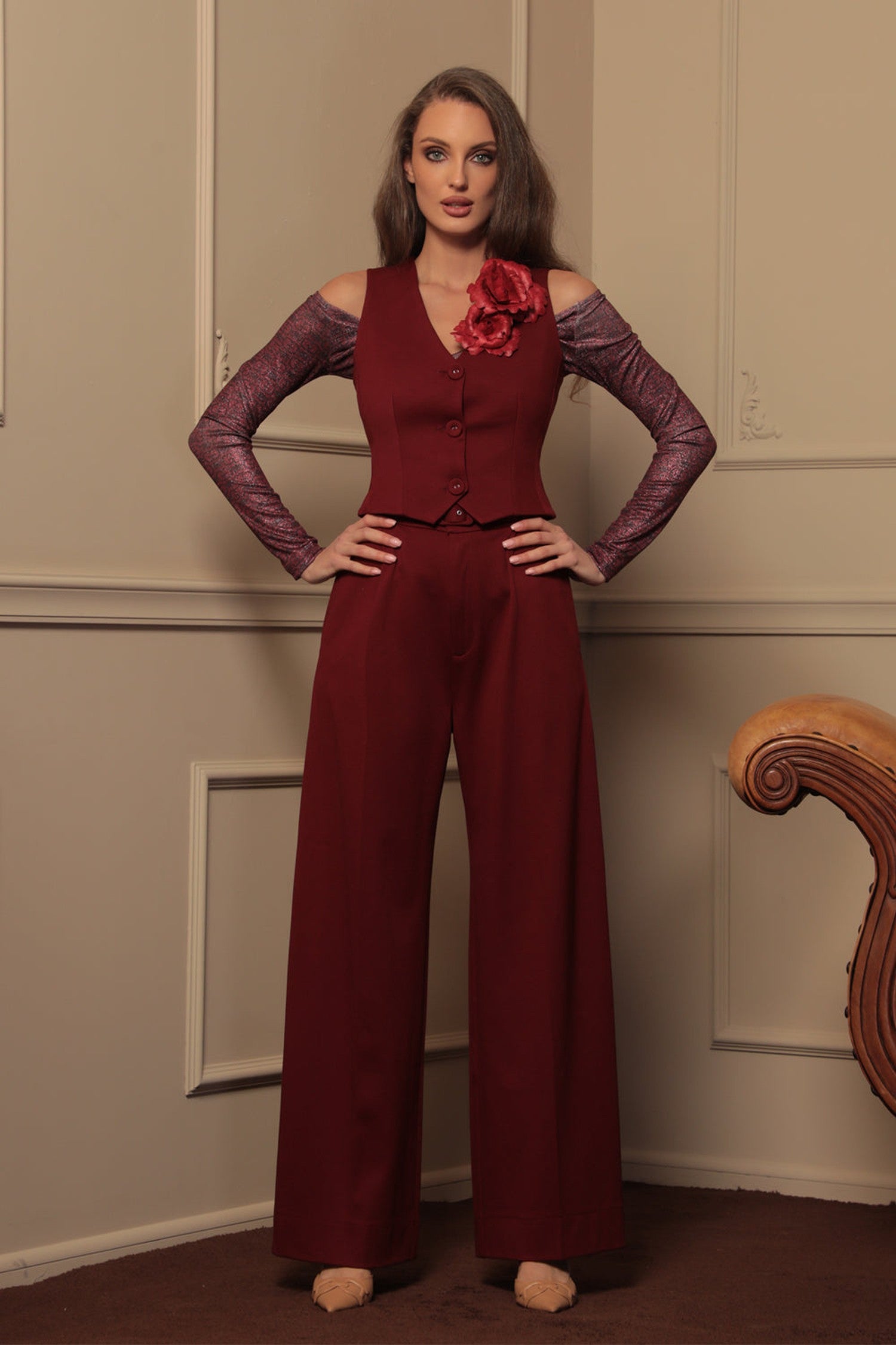 PANTALONS BORDEAUX ESSENTIELS EN MÉLANGE DE VISCOSE TAILLE HAUTE