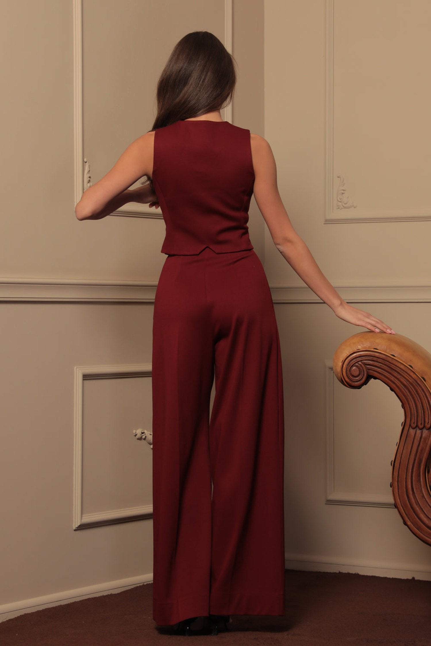 PANTALONS BORDEAUX ESSENTIELS EN MÉLANGE DE VISCOSE TAILLE HAUTE