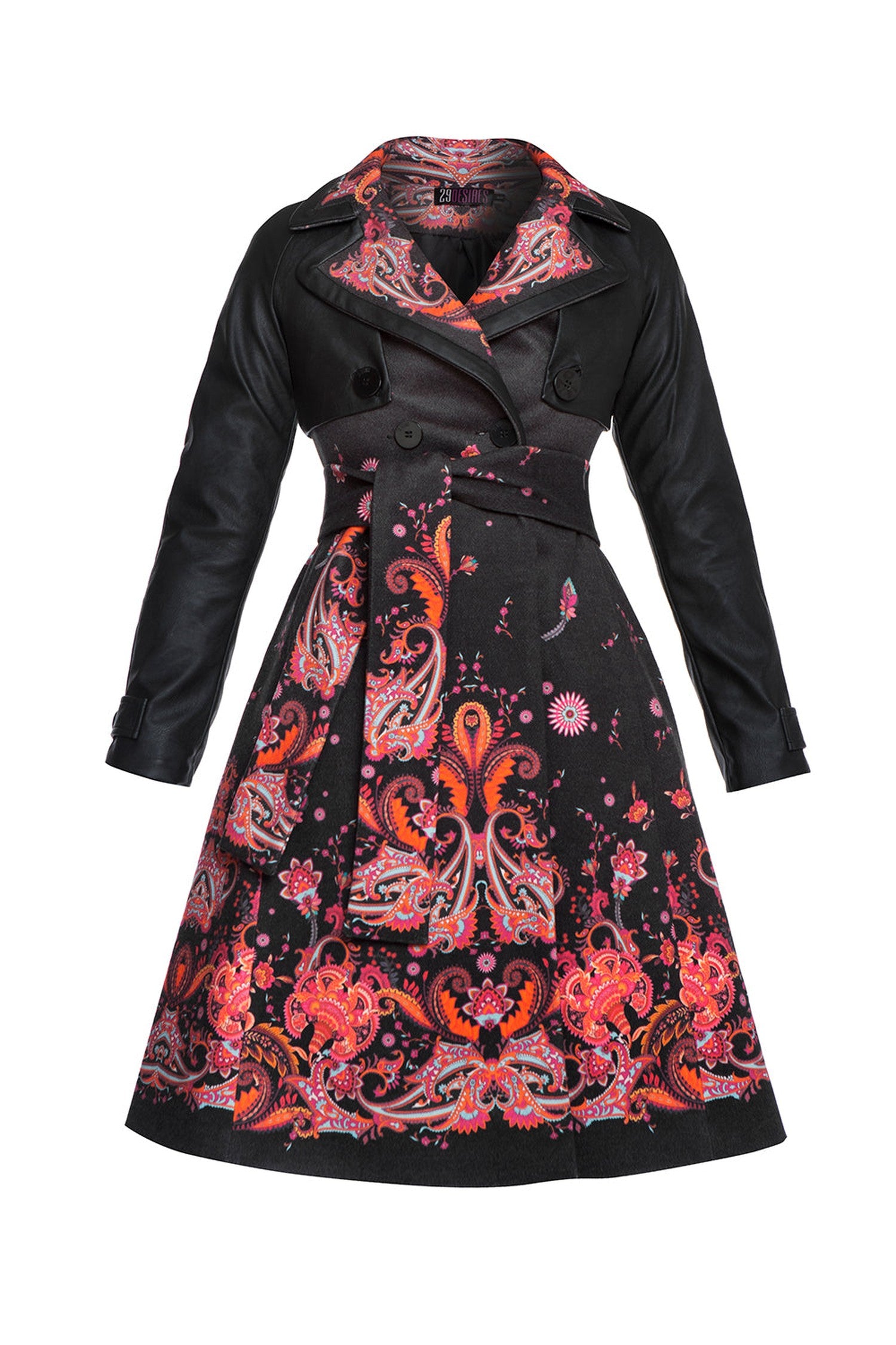 TRENCH COAT WITH LEATHER SLEEVES - FUCHSIA DOTS JIORO ТРЕНЧ ПАЛТО С КОЖЕНИ РЪКАВИ - FUCHSIA DOTS