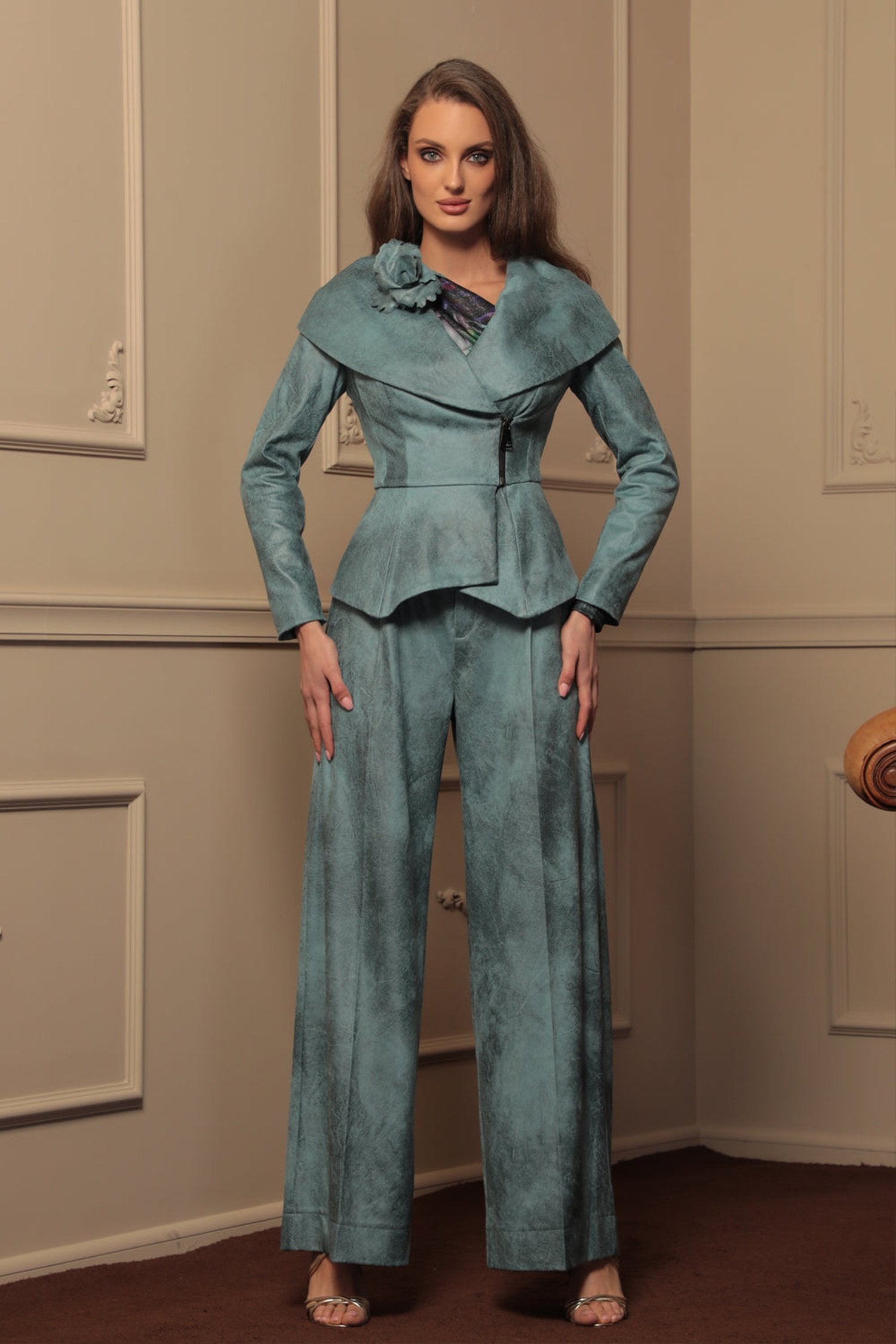 SUEDE-LOOK BLAZER WITH ASYMMETRICAL CLOSURE IN BLUE - ESSENTIALS