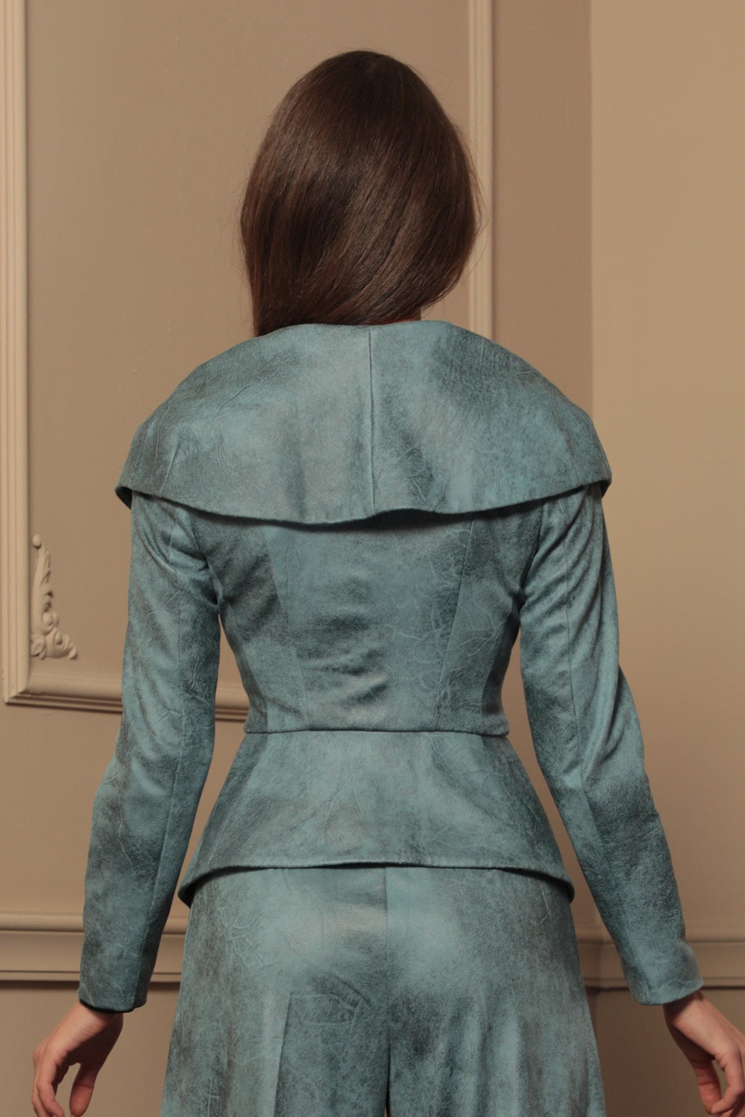 SUEDE-LOOK BLAZER WITH ASYMMETRICAL CLOSURE IN BLUE - ESSENTIALS