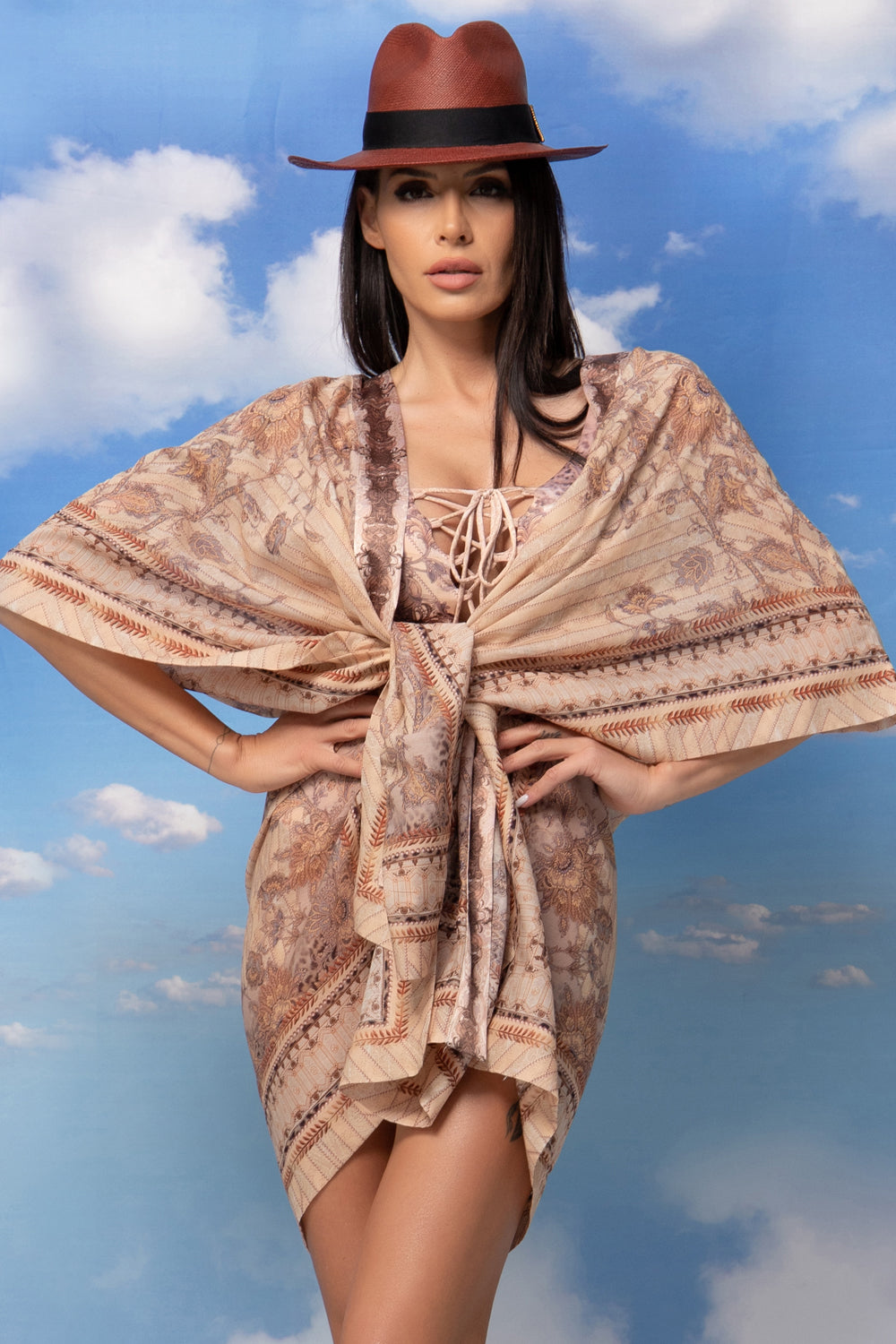 SILK COTTON KIMONO DRESS - LEO BEIGE