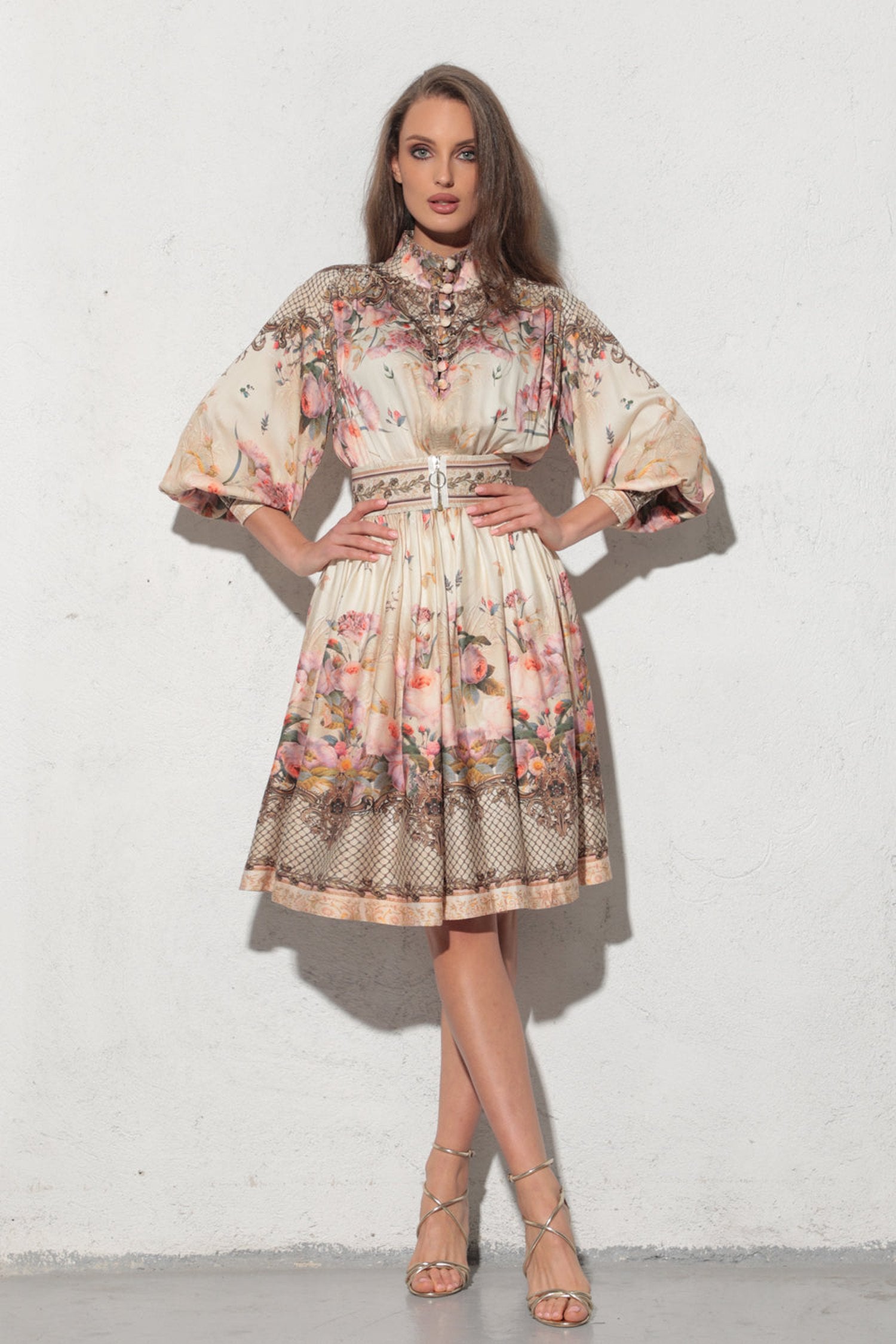 BOHO LONG-SLEEVE VISCOSE DRESS - BAROQUE FLOWERS