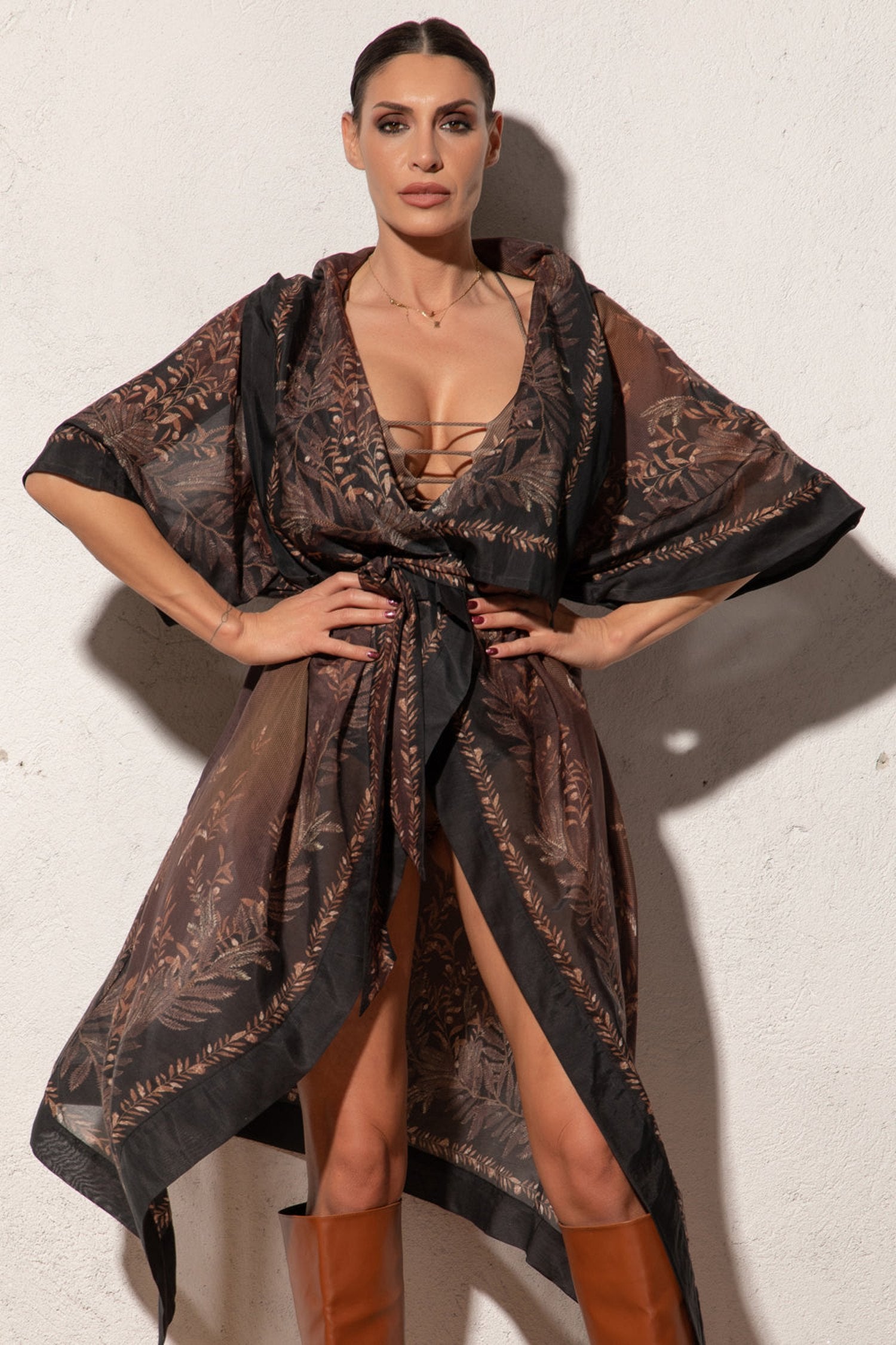 Robe kimono en coton et soie avec capuche - Jardin secret