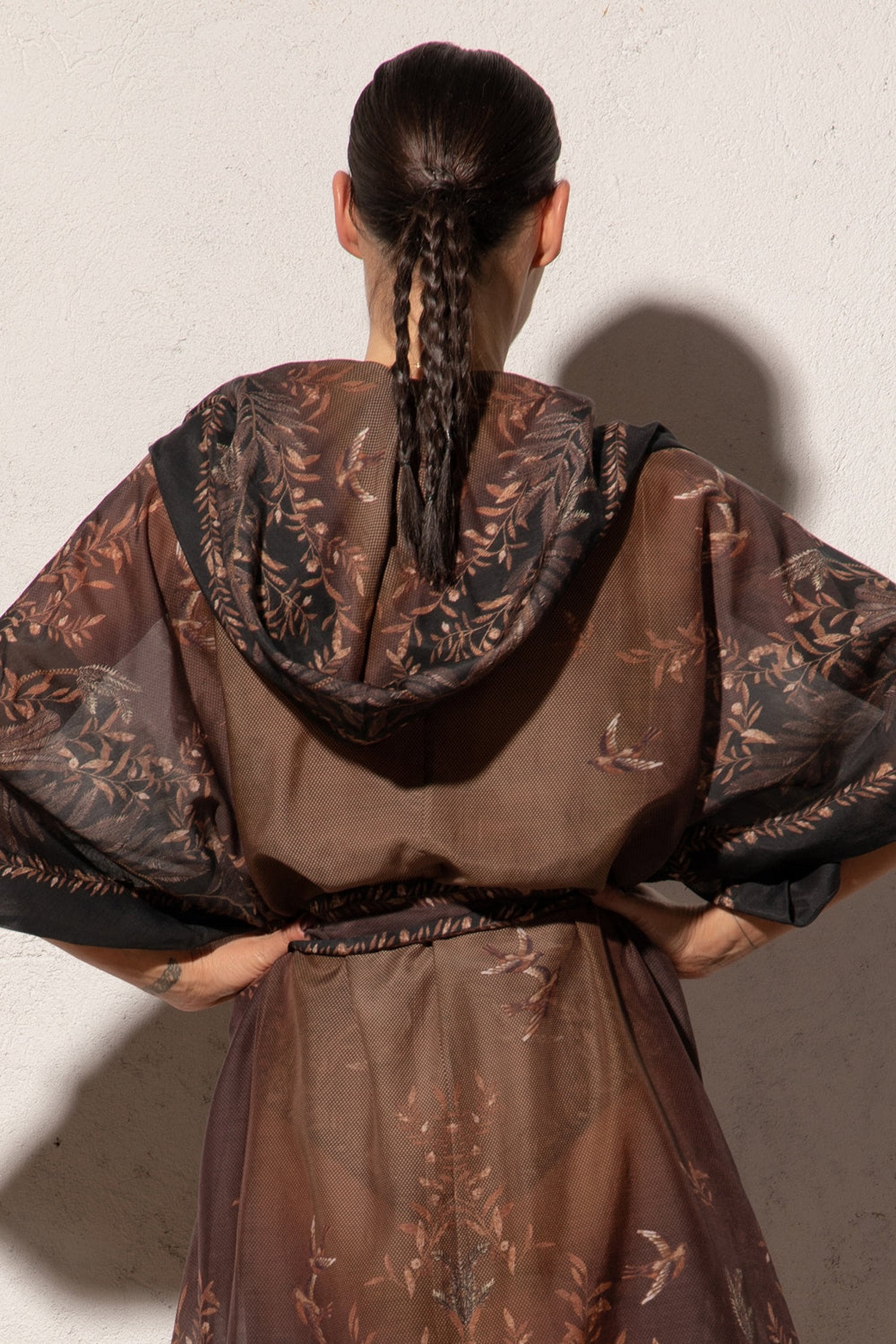 Robe kimono en coton et soie avec capuche - Jardin secret