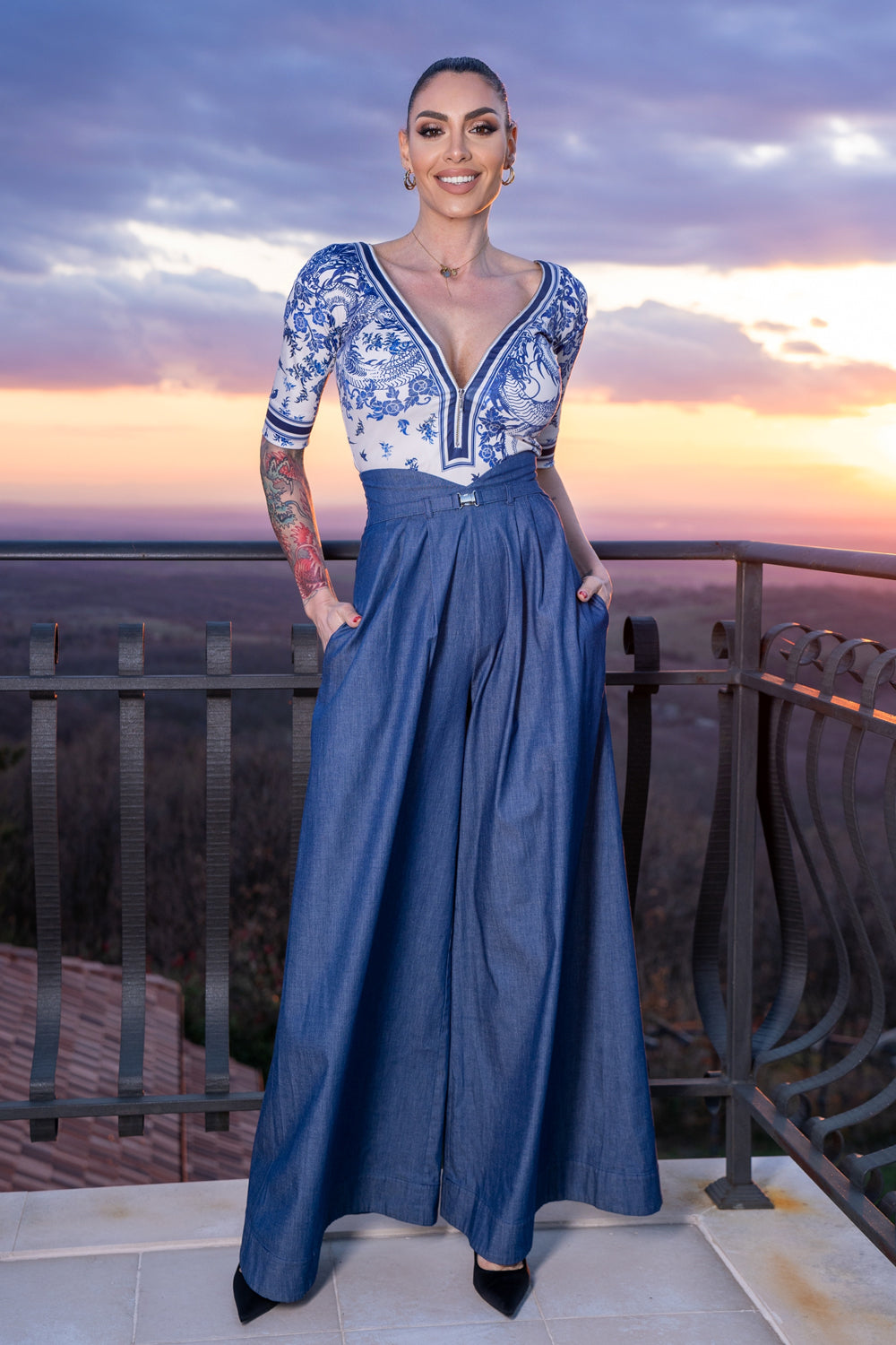 HIGH WAIST WIDE LEG DENIM PANTS - ESSENTIALS