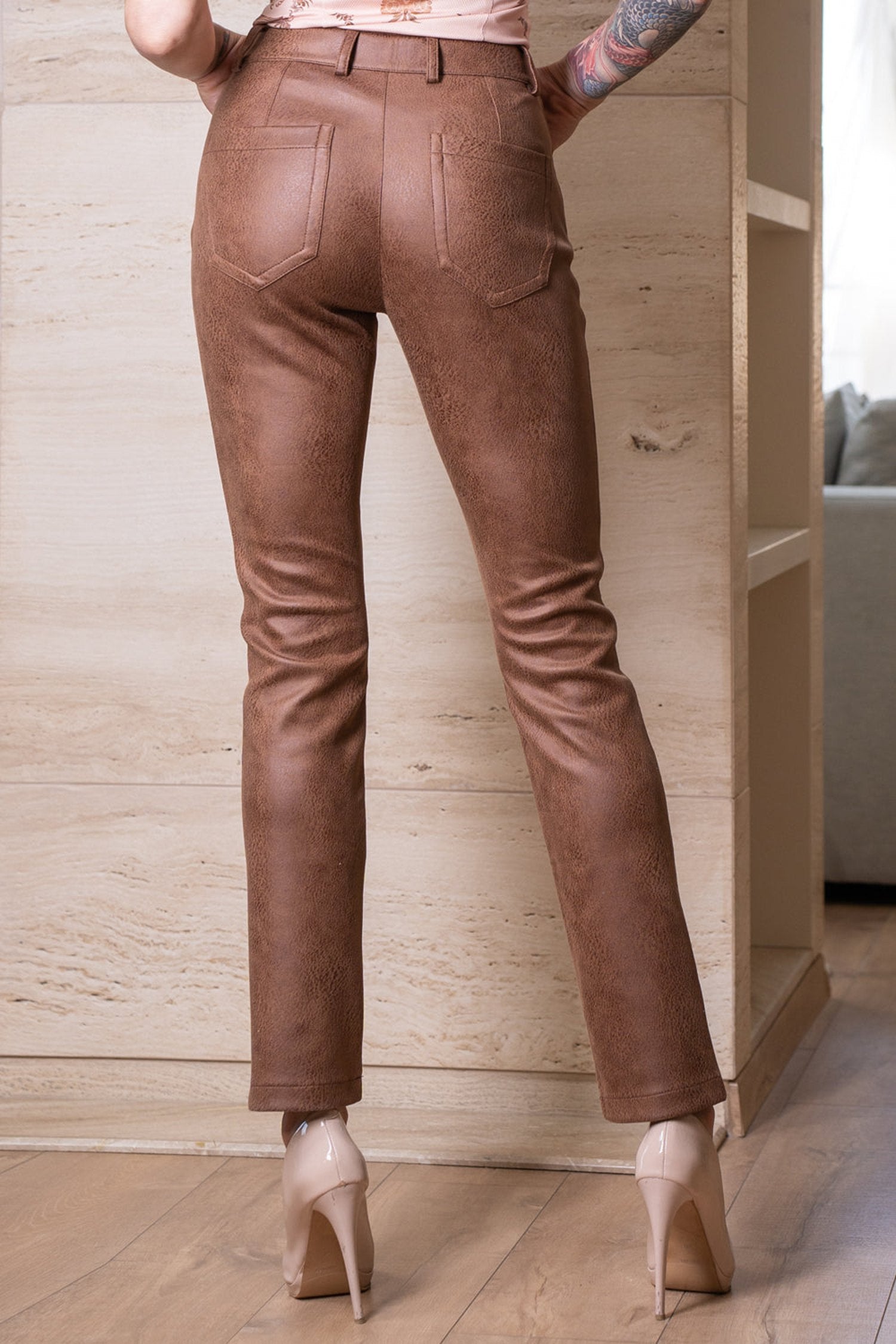 Pantalon slim taille haute marron - essentiels