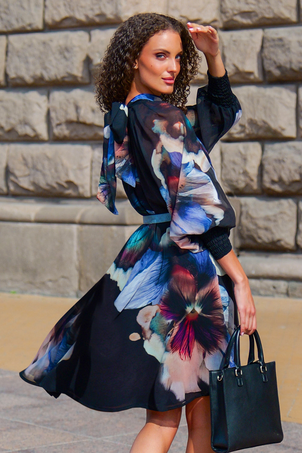 RELAXED DRESS WITH BALLOON RAGLAN SLEEVES AND BACK TIE - VIOLET JIORO СВОБОДНА РОКЛЯ ОТ ФРЕНСКИ ШИФОН С РЕГЛАН РЪКАВ И ВРЪЗКА НА ГЪРБА - VIOLET JIORO