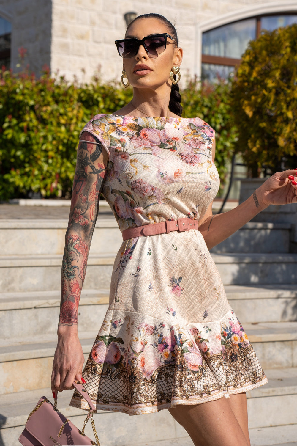 SLEEVELESS COTTON DRESS – BAROQUE FLOWERS JIORO КОКЕТНА РОКЛЯ БЕЗ РЪКАВ ОТ ФРЕНЧ ТЕРИ - BAROQUE FLOWERS JIORO