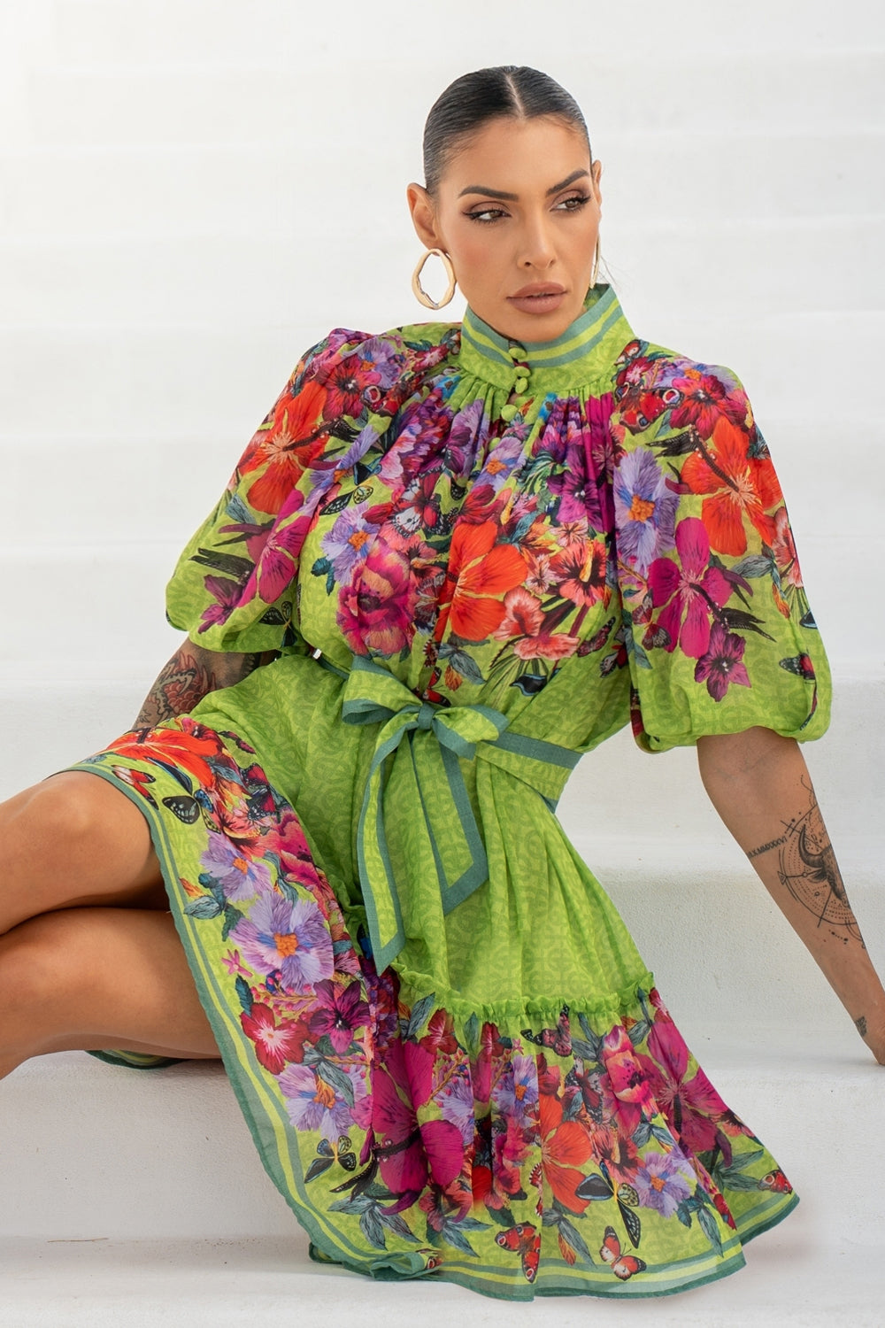 CHIFFON DRESS WITH PUFF SLEEVE - ACID GREEN LOGO