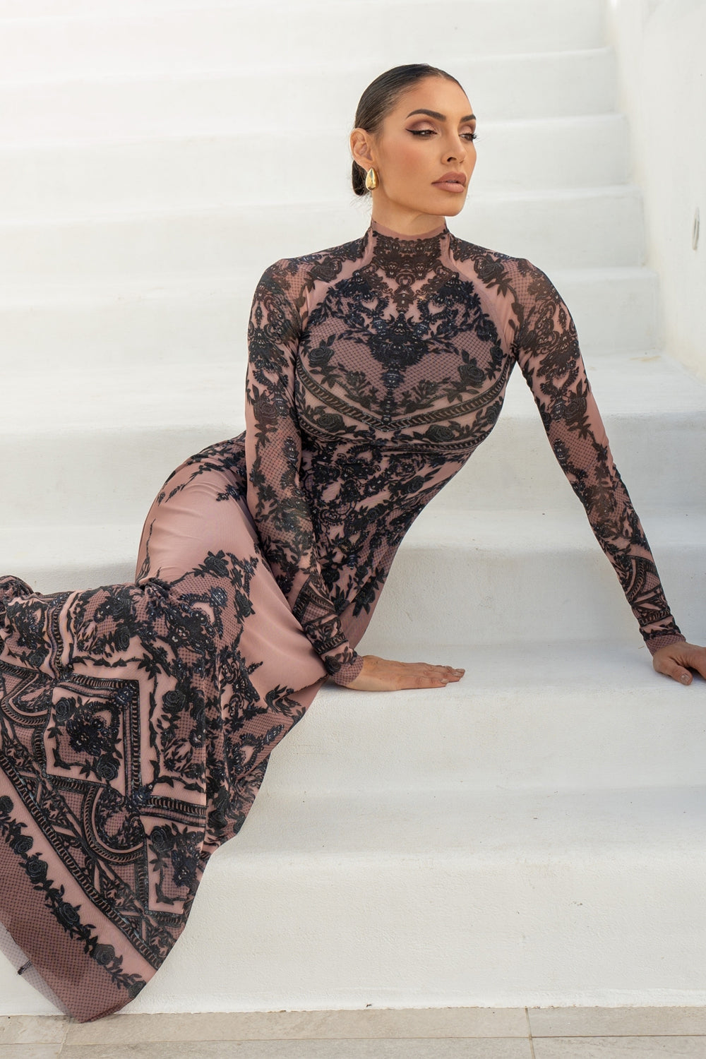 LONG FINE NET DRESS - GRAFFITI POWDER JIORO ДЪЛГА РОКЛЯ ОТ ФИНА МРЕЖА - GRAFFITI POWDER JIORO