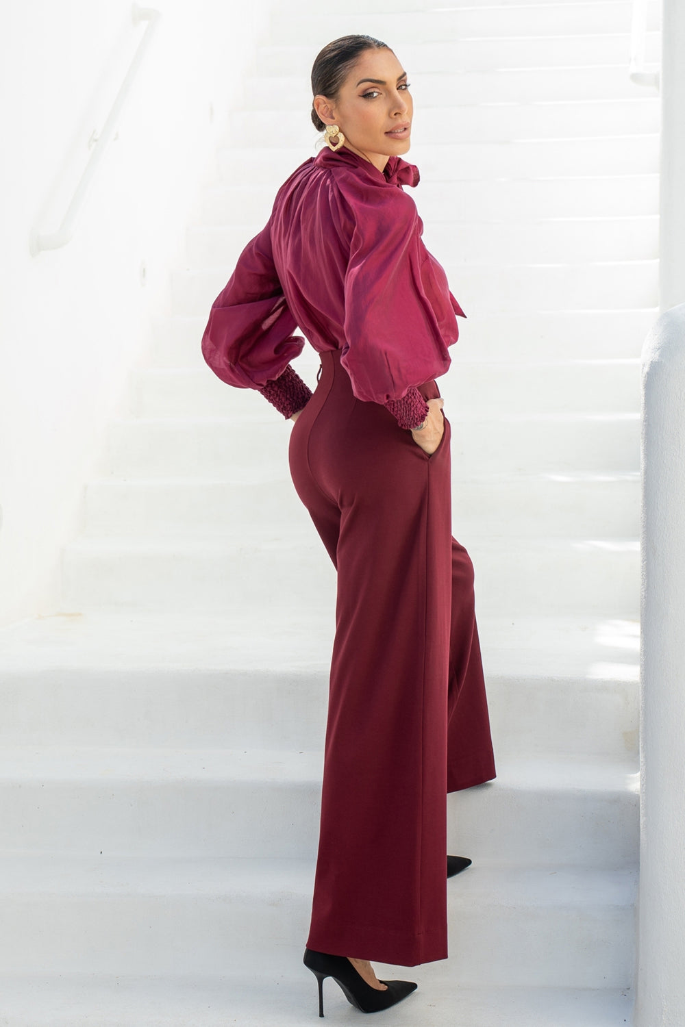 PANTALONS BORDEAUX ESSENTIELS EN MÉLANGE DE VISCOSE TAILLE HAUTE