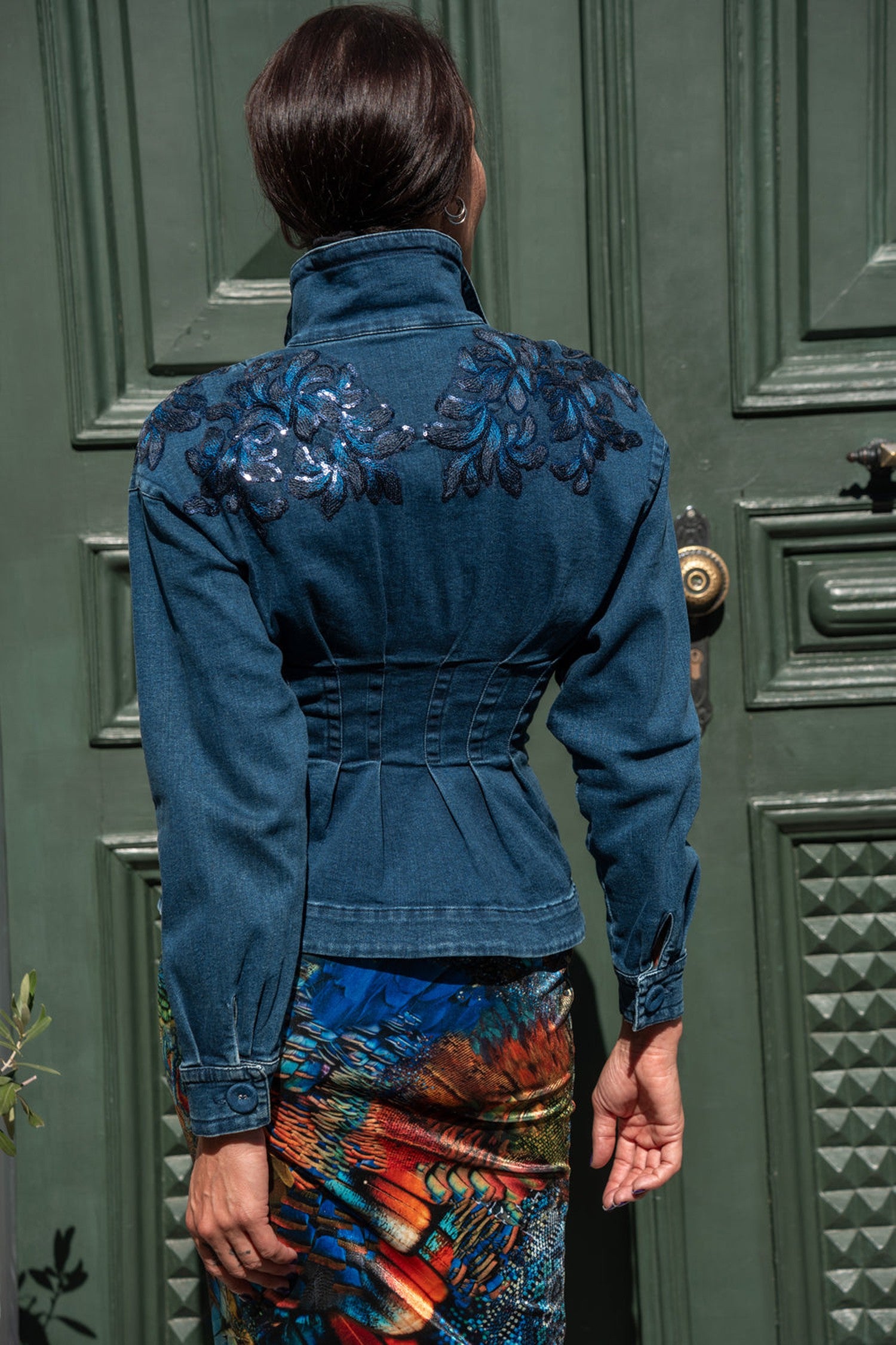 DENIM BLAZER WITH LACE APPLIQUÉS - ESSENTIALS JIORO ДЕНИМЕН БЛЕЙЗЕР С АПЛИКАЦИИ - ESSENTIALS JIORO