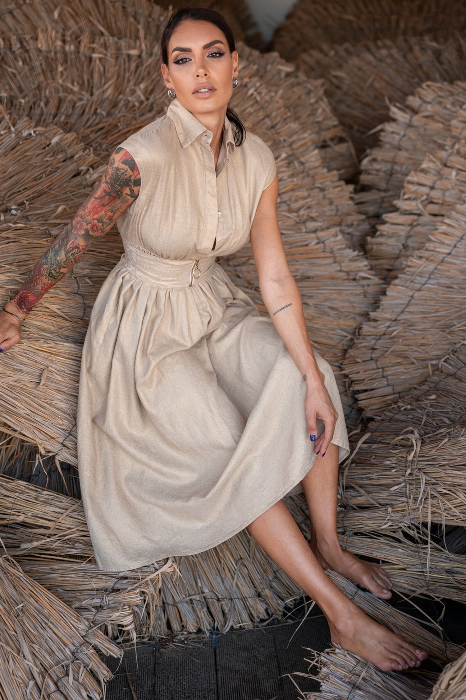 ROBE LONGUE EN LIN AVEC CEINTURE AMOVIBLE - ESSENTIELS