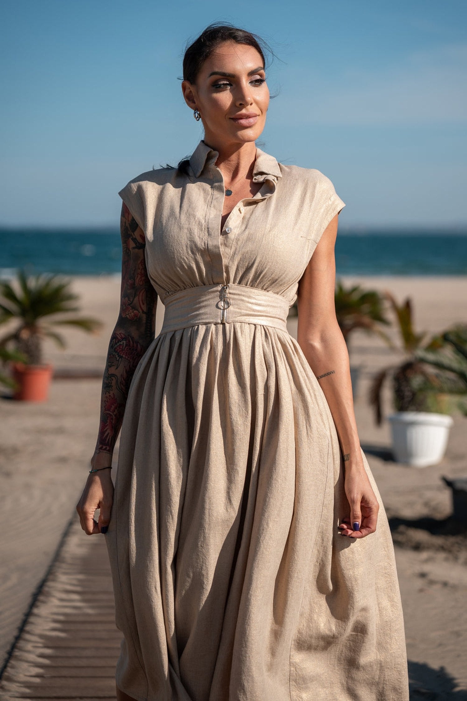 ROBE LONGUE EN LIN AVEC CEINTURE AMOVIBLE - ESSENTIELS