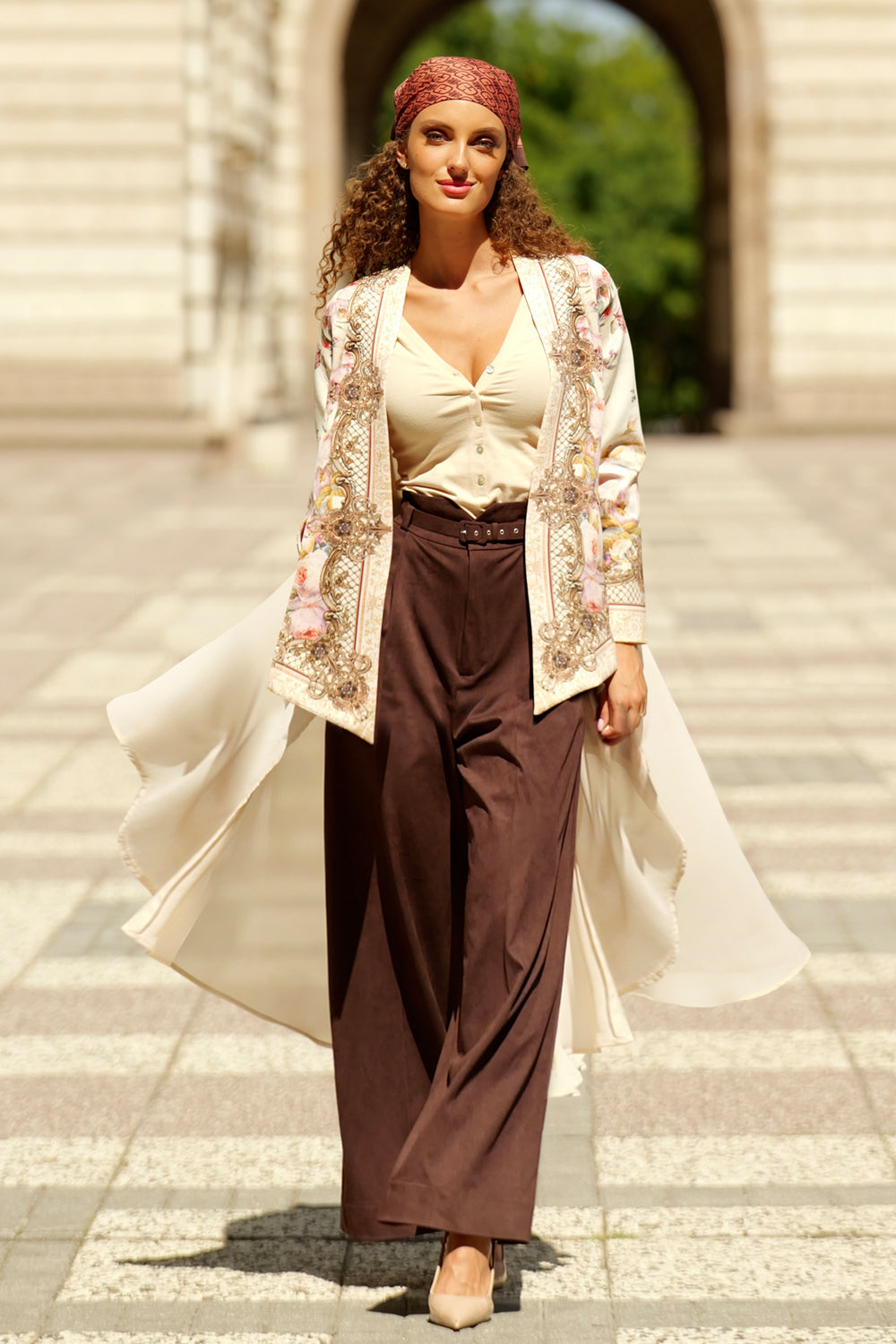 ELEGANT PRINTED CARDIGAN WITH CHIFFON BACK - BAROQUE FLOWERS