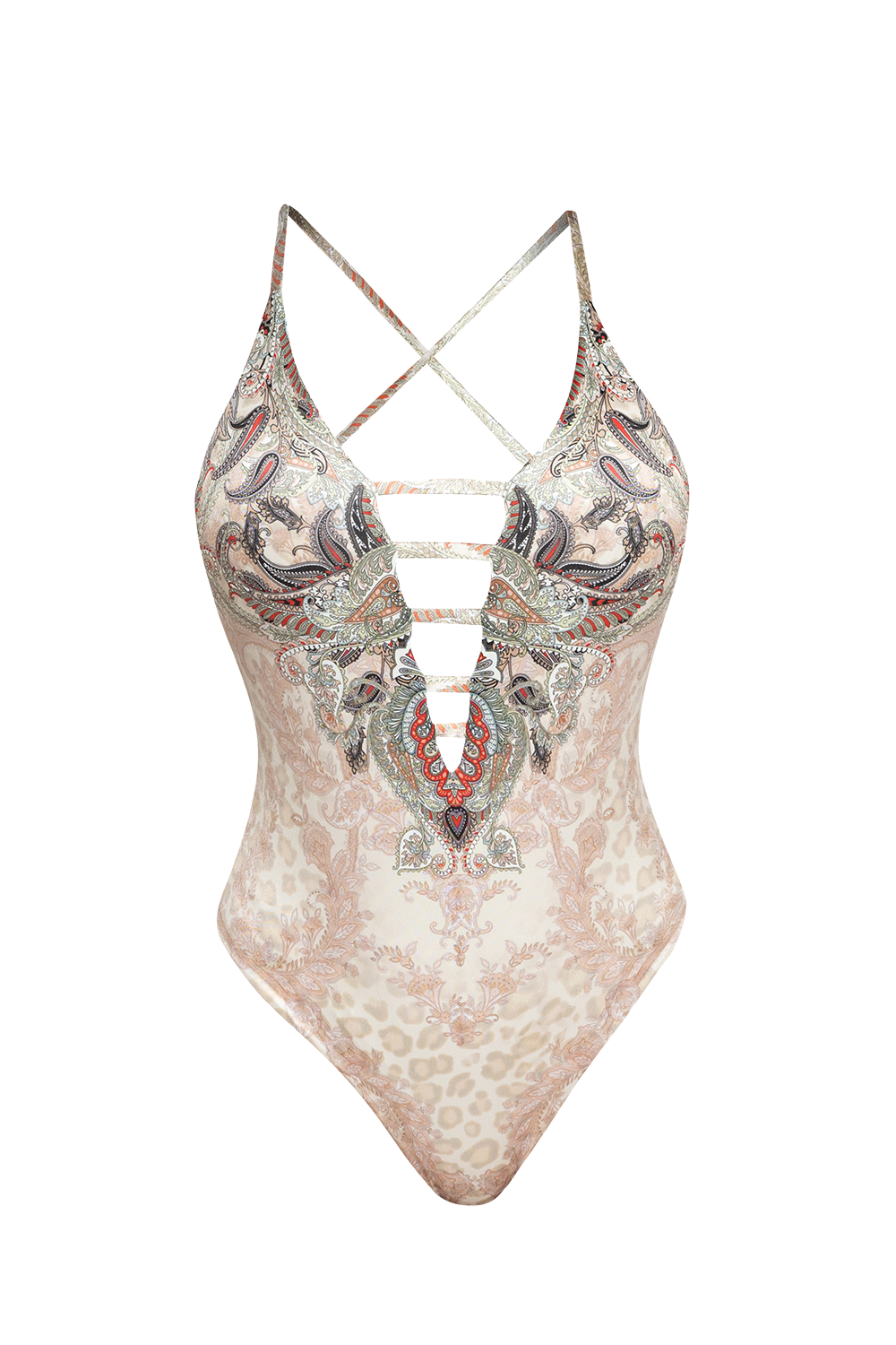 Maillot de bain une-pièce à décolleté plongeant – beige paisley