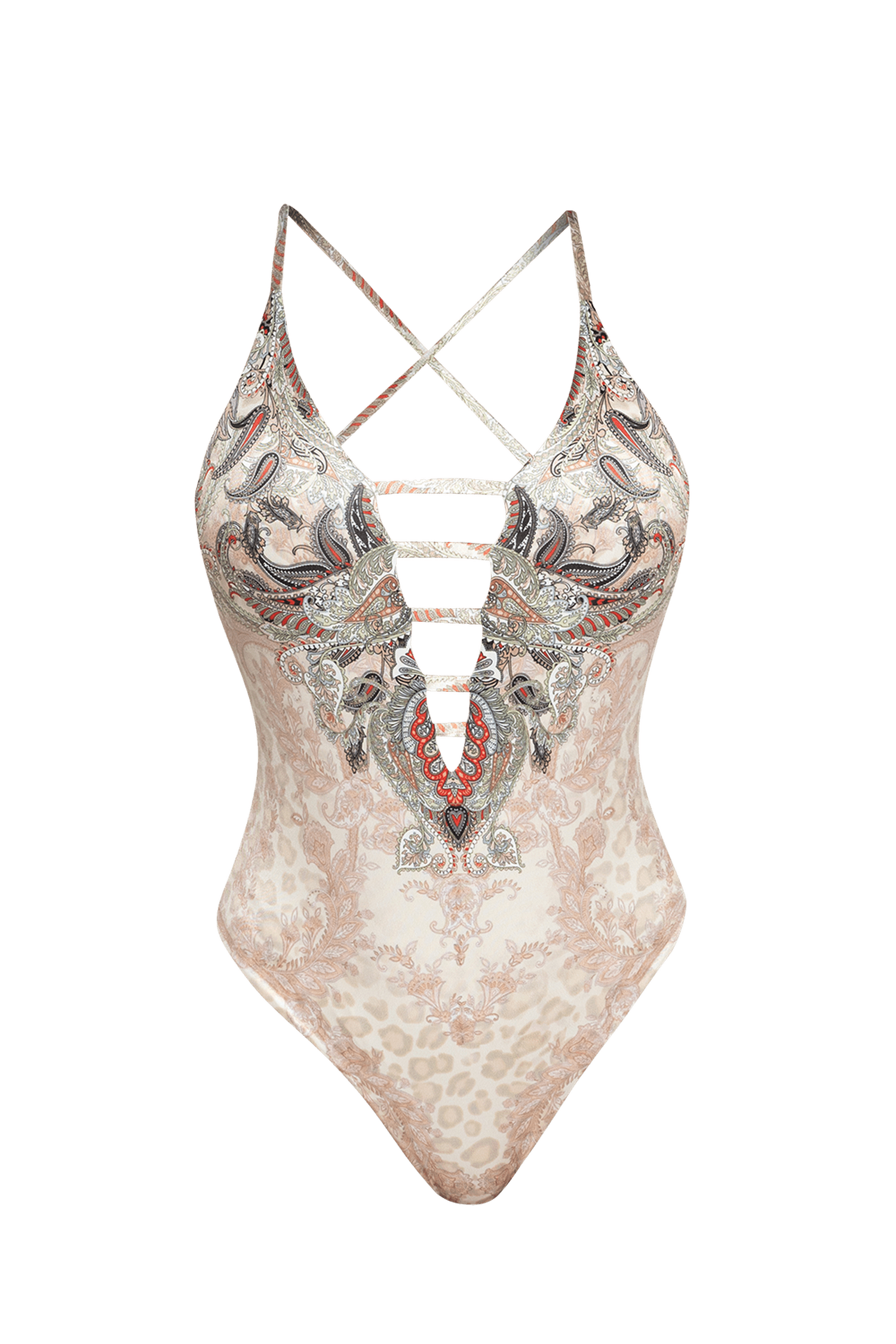 Maillot de bain une-pièce à décolleté plongeant – beige paisley