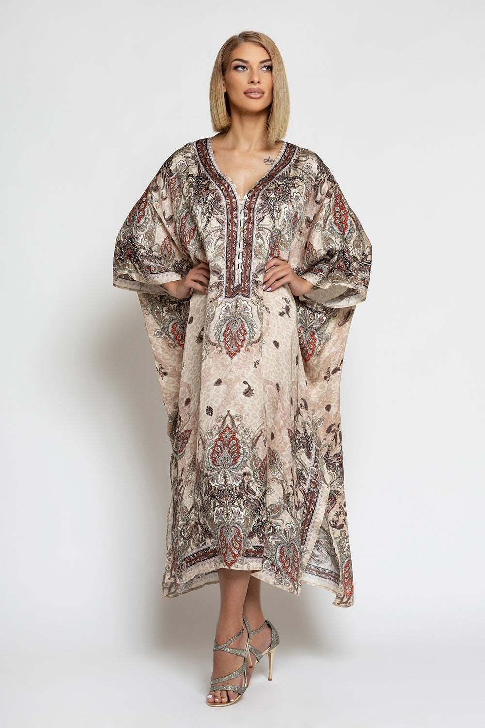 SATIN VISCOSE CAFTAN - PAISLEY BEIGE