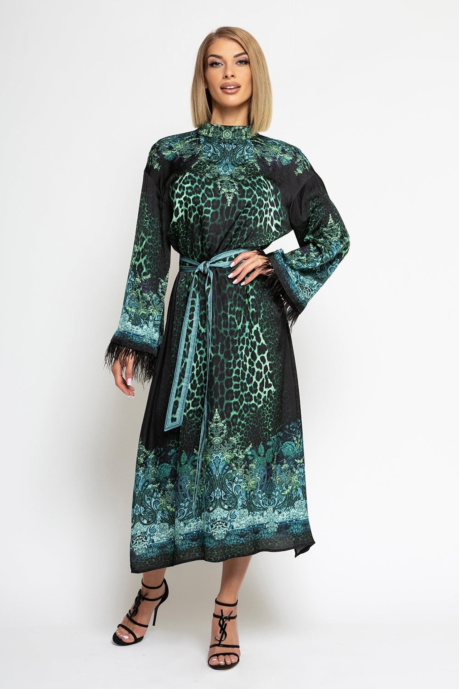 VISCOSE CAFTAN WITH FEATHERS - LEO NEON GREEN
