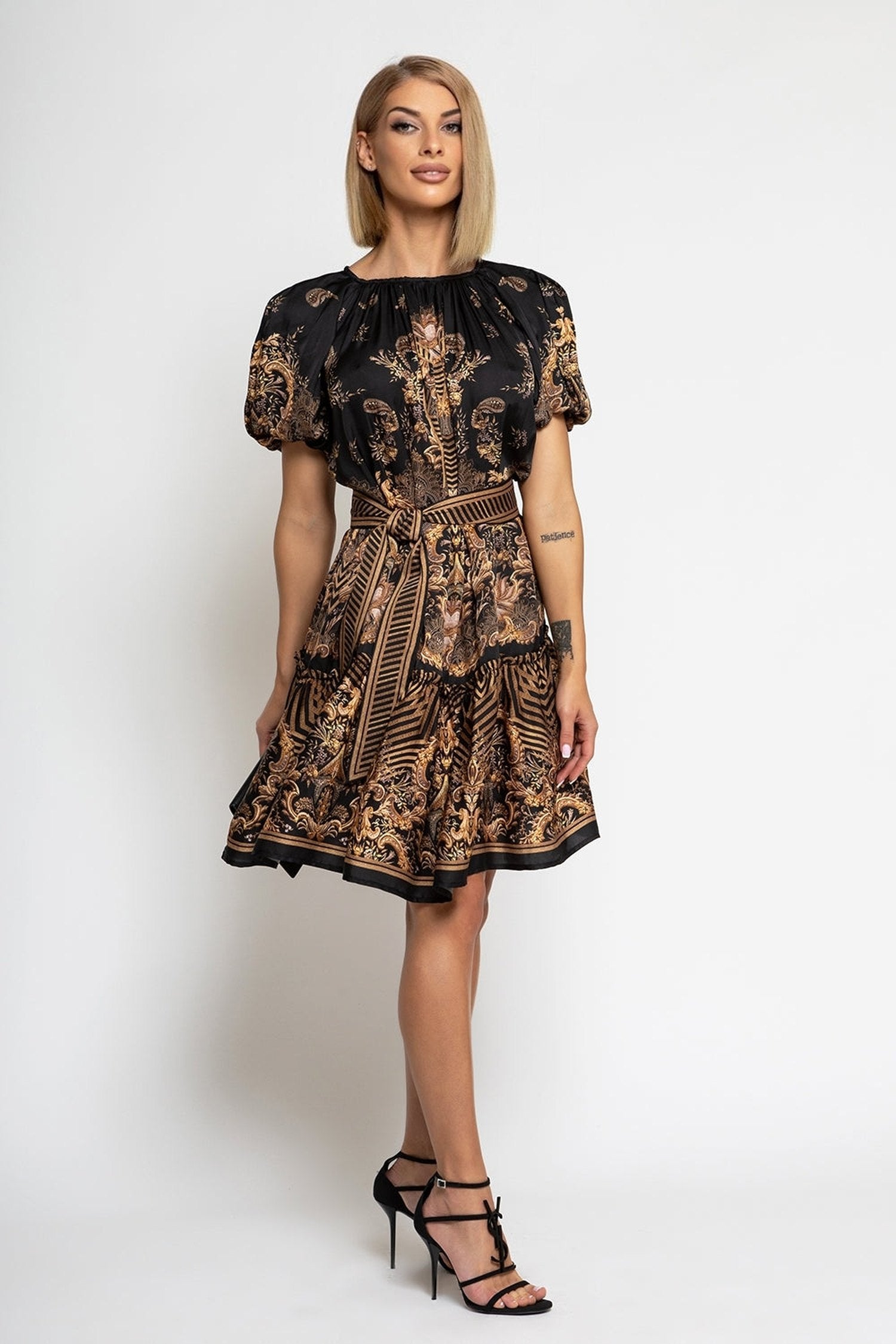 VISCOSE SATIN DRESS WITH PUFF SLEEVES - GOLDEN STRIPES JIORO Π ΠΠΠΠ― Π‘ ΠΠ£Π€ΠΠ Π ΠͺΠΠΠ ΠΠ’ ΠΠΠ‘ΠΠΠΠ - GOLDEN STRIPES JIORO