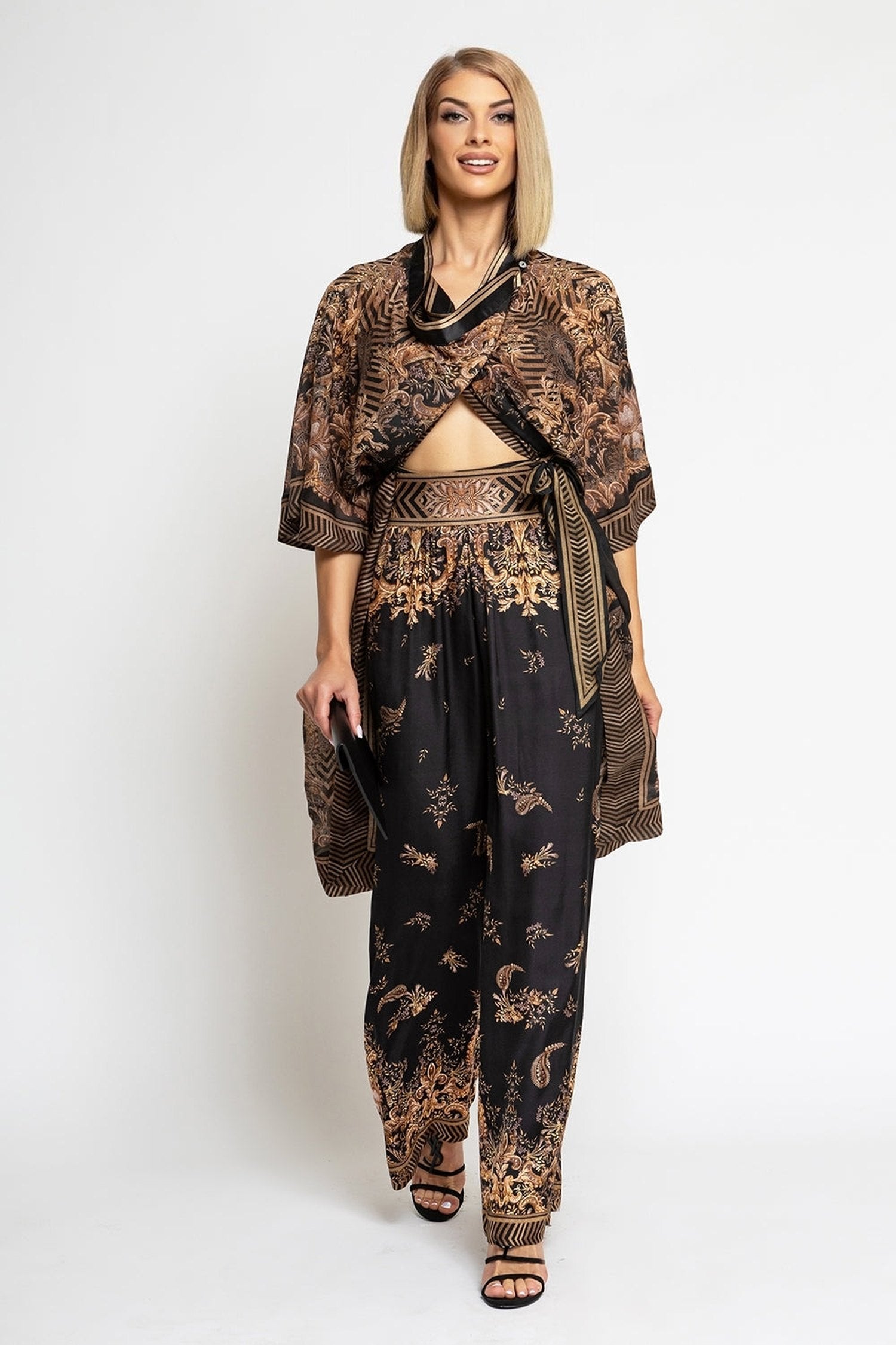 PANTALON LARGE EN SATIN DE VISCOSE AVEC TAILLE ÉLASTIQUE - RAYURES DORÉES