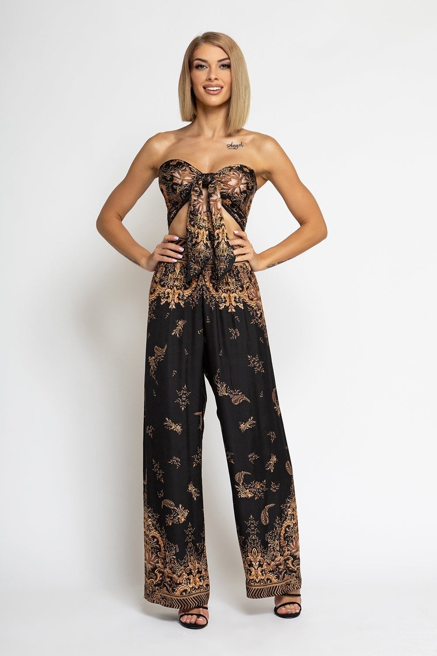 PANTALON LARGE EN SATIN DE VISCOSE AVEC TAILLE ÉLASTIQUE - RAYURES DORÉES