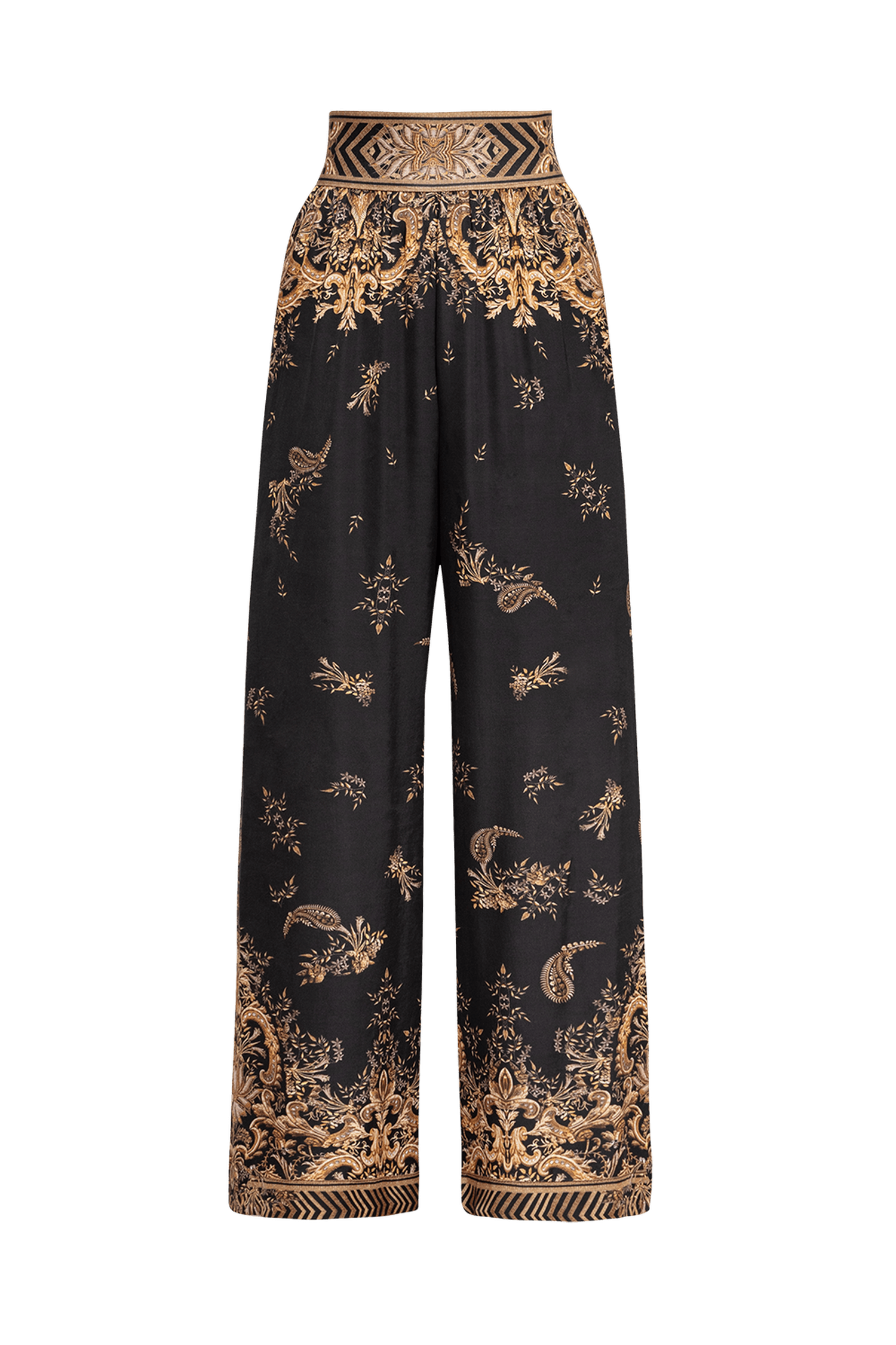 PANTALON LARGE EN SATIN DE VISCOSE AVEC TAILLE ÉLASTIQUE - RAYURES DORÉES