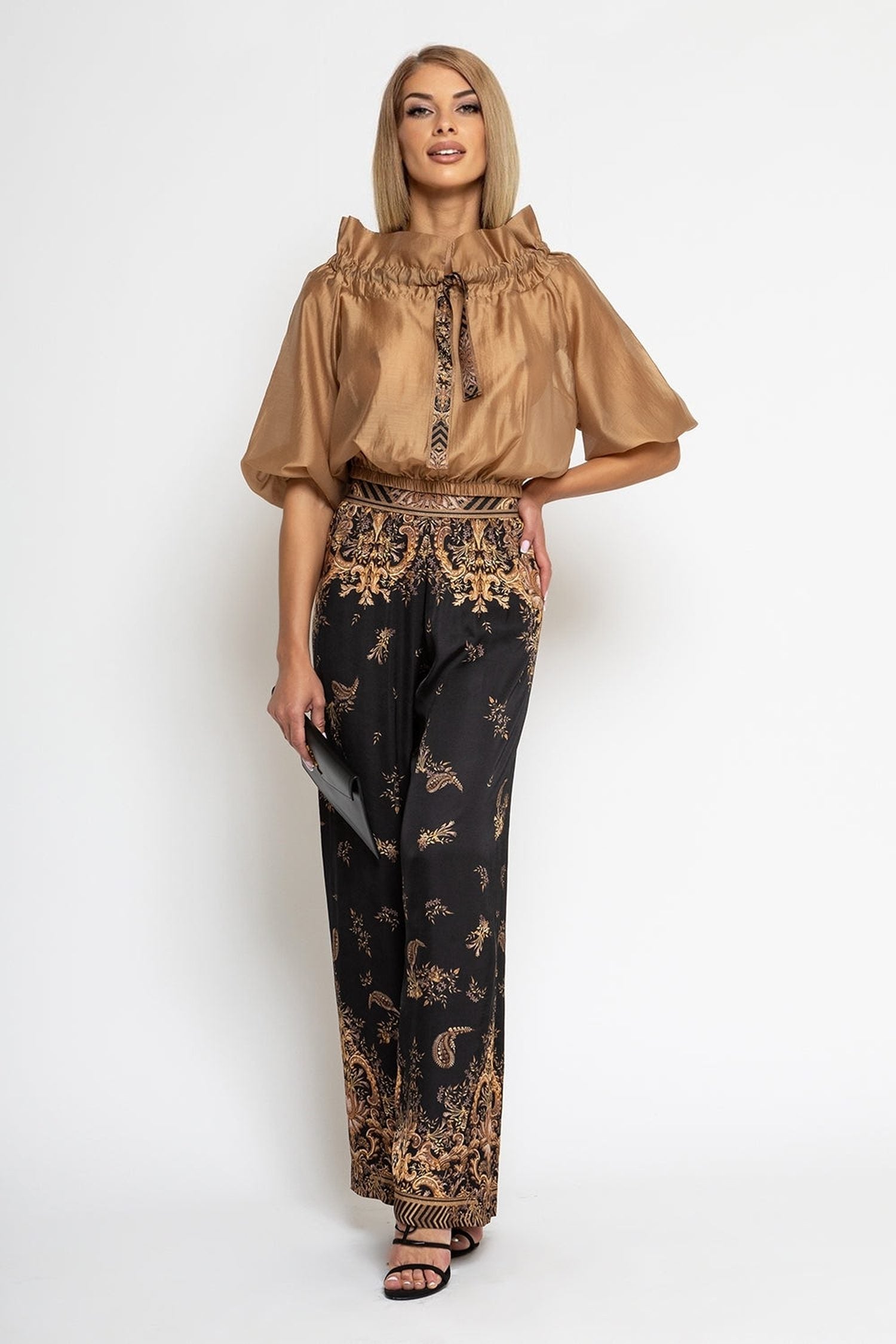PANTALON LARGE EN SATIN DE VISCOSE AVEC TAILLE ÉLASTIQUE - RAYURES DORÉES