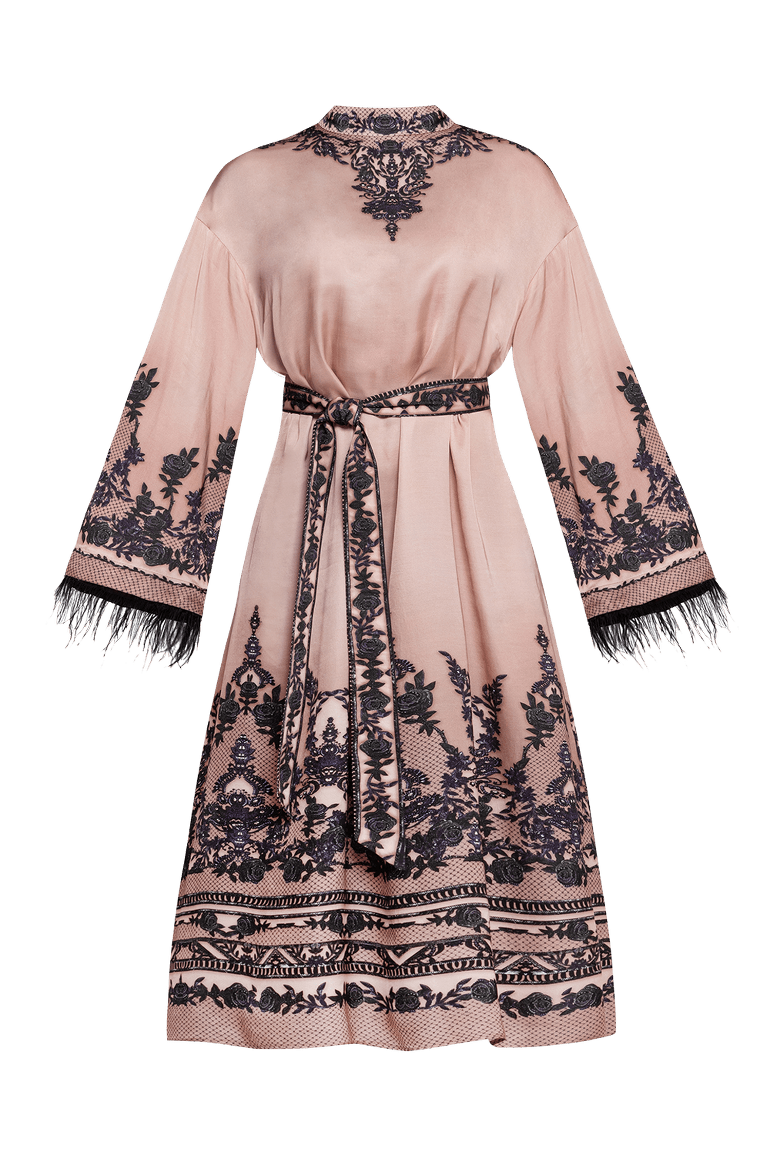 VISCOSE SATIN CAFTAN WITH FEATHERS - GRAFFITI POWDER JIORO КАФТАН ОТ ВИСКОЗА С ПЕРА - GRAFFITI POWDER JIORO