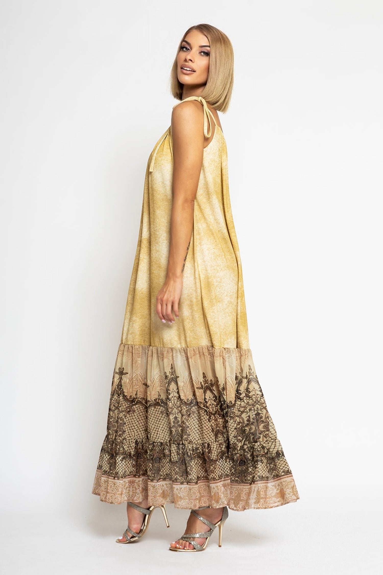 ROBE LONGUE EN COTON AVEC VOLANTS EN CHIFFON - FLEURS BAROQUES
