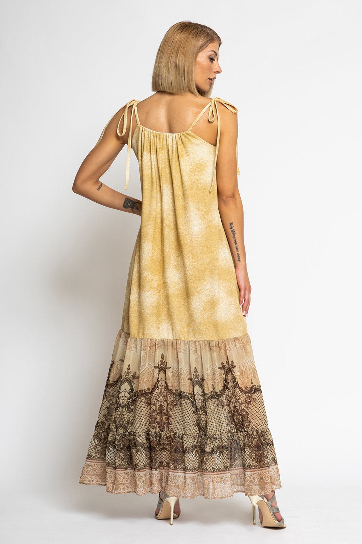 ROBE LONGUE EN COTON AVEC VOLANTS EN CHIFFON - FLEURS BAROQUES