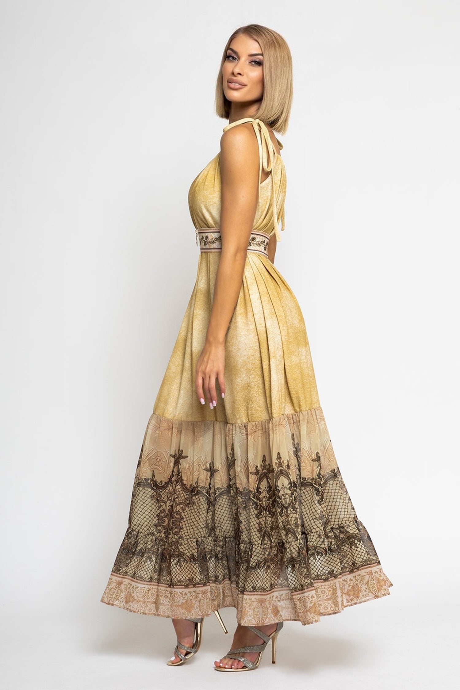 ROBE LONGUE EN COTON AVEC VOLANTS EN CHIFFON - FLEURS BAROQUES