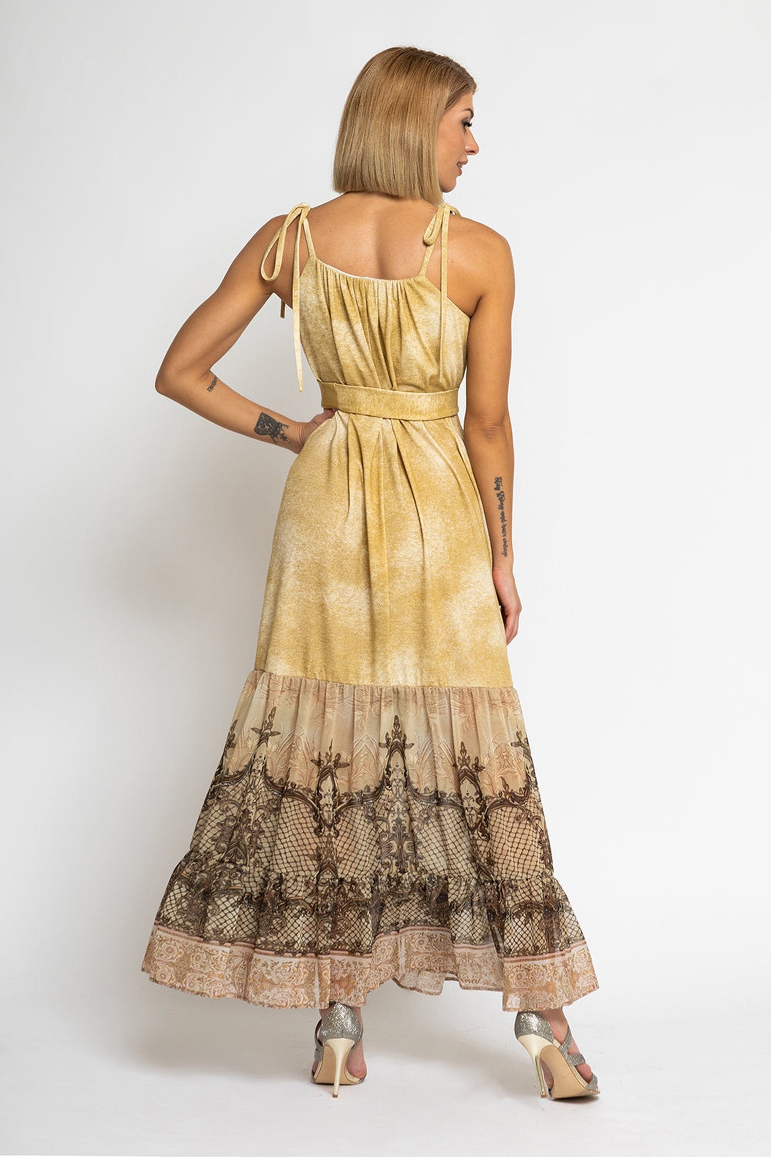 ROBE LONGUE EN COTON AVEC VOLANTS EN CHIFFON - FLEURS BAROQUES