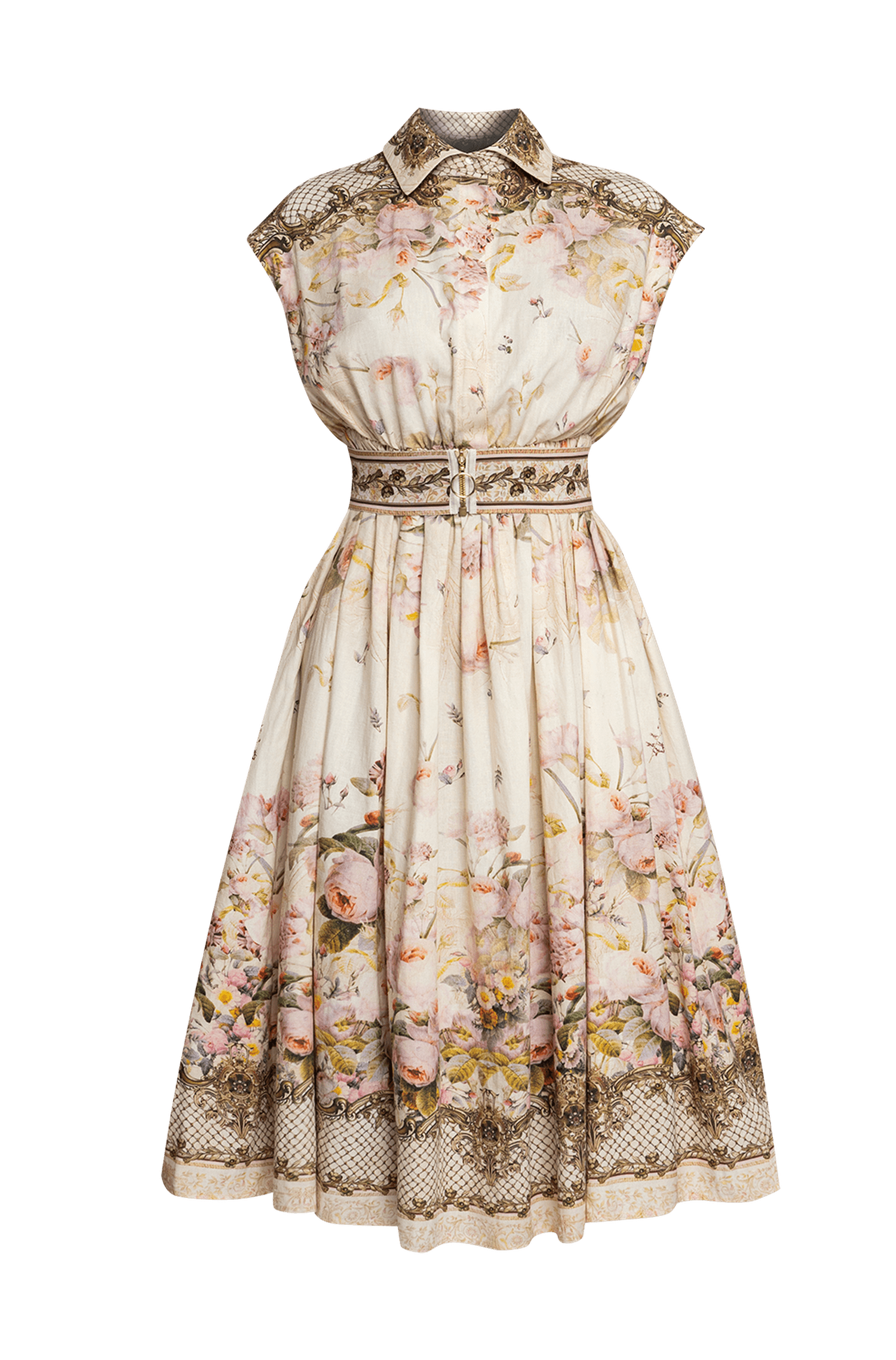 ROBE LONGUE EN POPLINE AVEC CEINTURE DÉTACHABLE - FLEURS BAROQUES