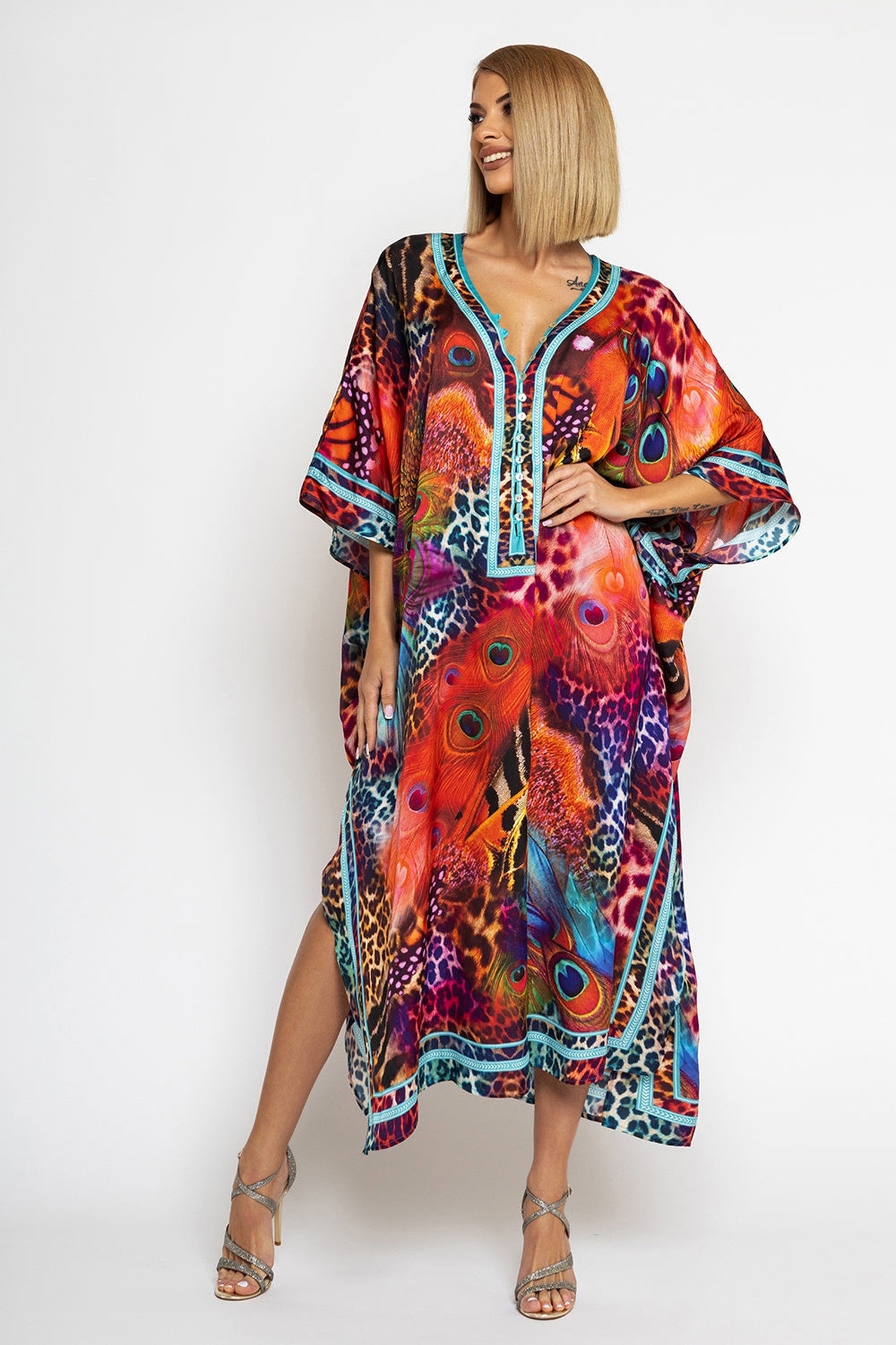 CAFTAN EN VISCOSE SATINÉE - LÉOPARD NÉON SAUVAGE