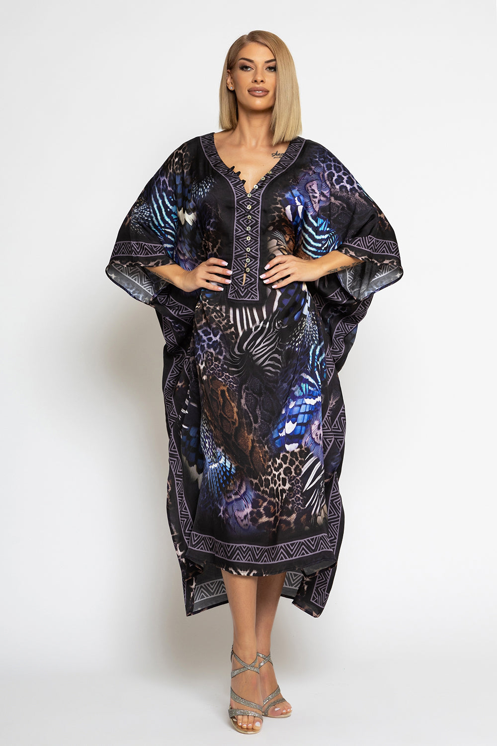 SATIN VISCOSE CAFTAN - LEO NEON DARK