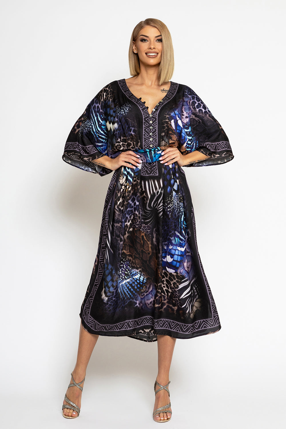 SATIN VISCOSE CAFTAN - LEO NEON DARK