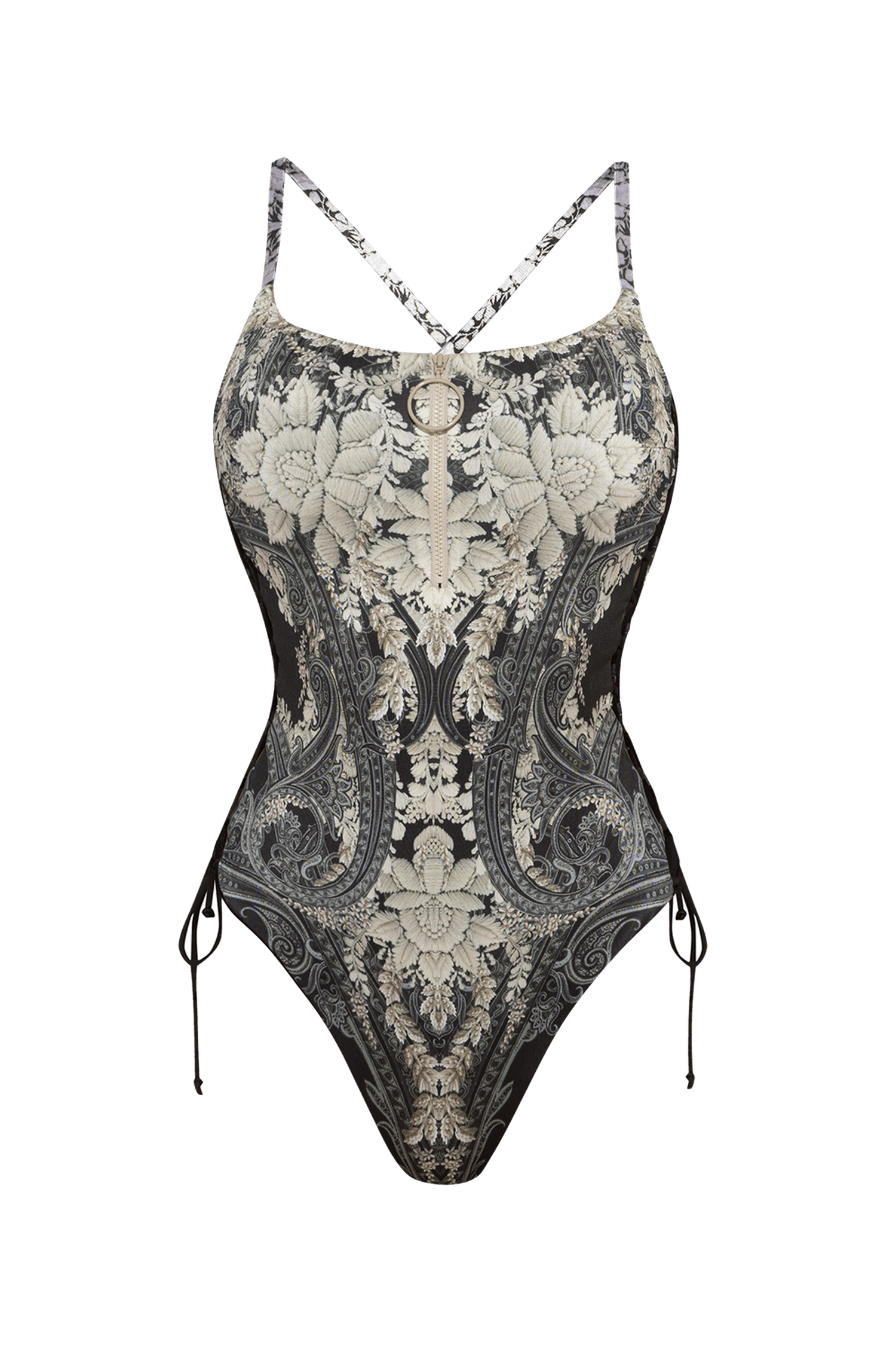 Maillot de bain une pièce avec fermeture éclair et liens latéraux – Lotus gelé