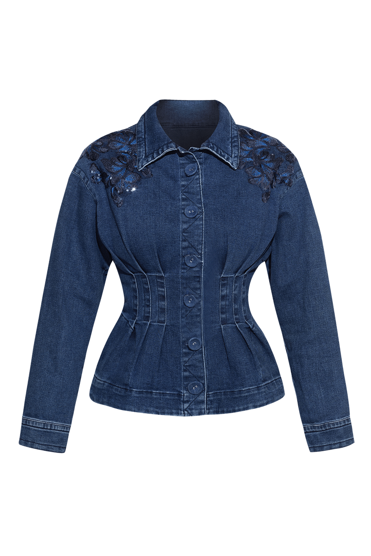 DENIM BLAZER WITH LACE APPLIQUÉS - ESSENTIALS JIORO ДЕНИМЕН БЛЕЙЗЕР С АПЛИКАЦИИ - ESSENTIALS JIORO