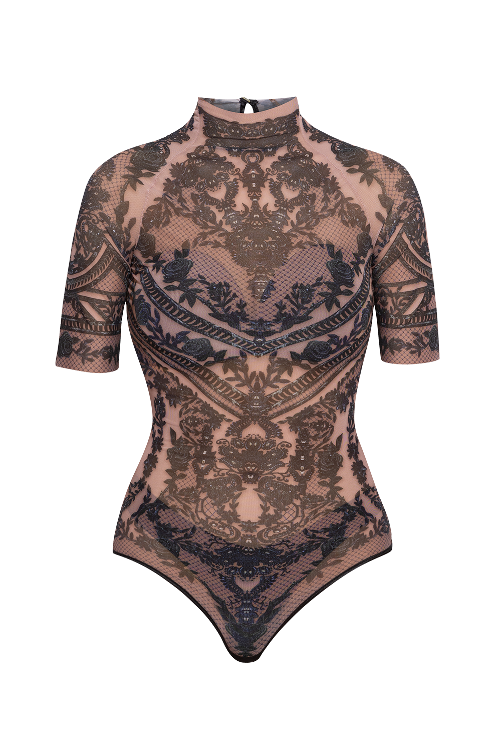 LINED SHORT SLEEVE MESH BODYSUIT - GRAFFITI POWDER