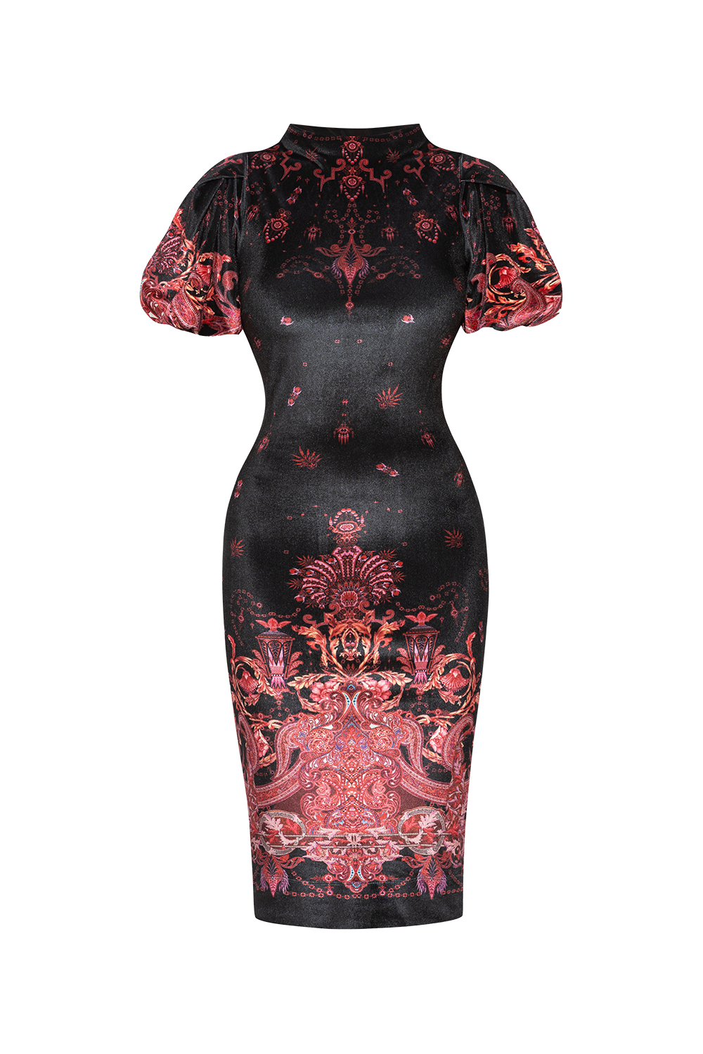 FITTED VELVET DRESS WITH HIGH NECK - PAISLEY DARK